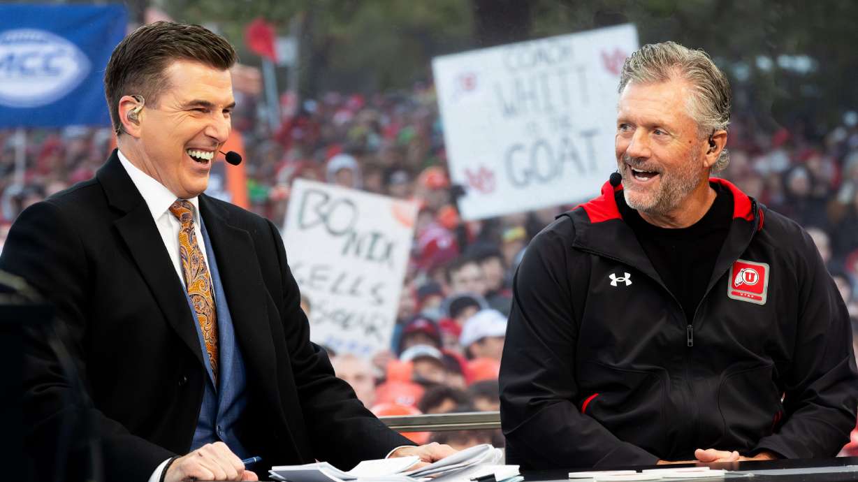Rece Davis and Utah’s head coach Kyle Whittingham talk during the filming of ESPN’s “College GameDay” show at the University of Utah in Salt Lake City on Saturday, Oct. 28, 2023.