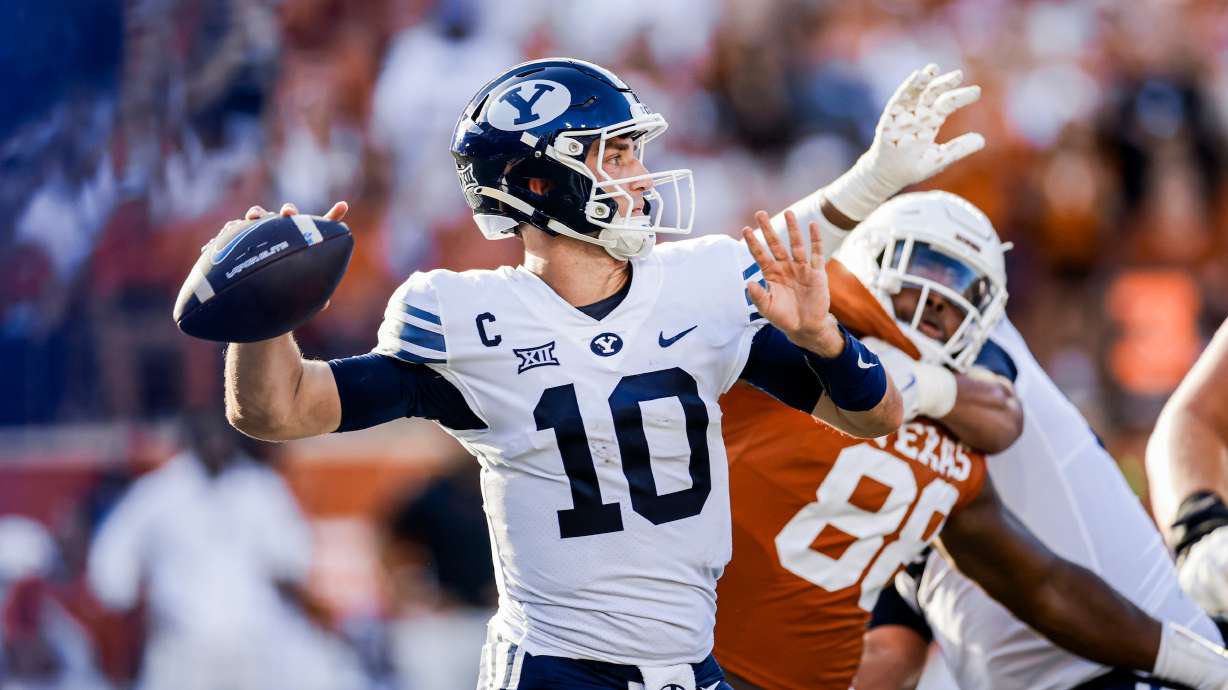 BYU quarterback Kedon Slovis attempts a pass against No. 7 Texas during the Cougars' 35-6 loss at DKR-Texas Memorial Stadium, Saturday, Oct. 28, 2023 in Austin, Texas.