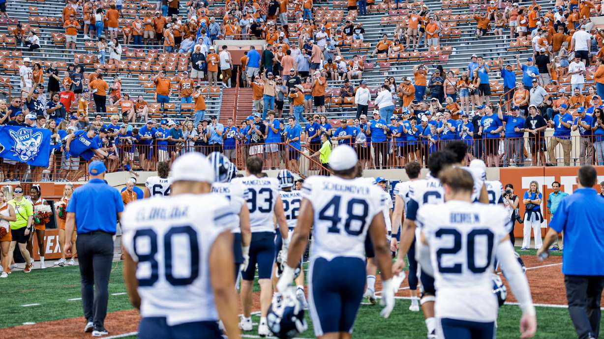 BYU players walk off the field against No. 7 Texas after the Cougars' 35-6 loss at DKR-Texas Memorial Stadium, Saturday, Oct. 28, 2023 in Austin, Texas.