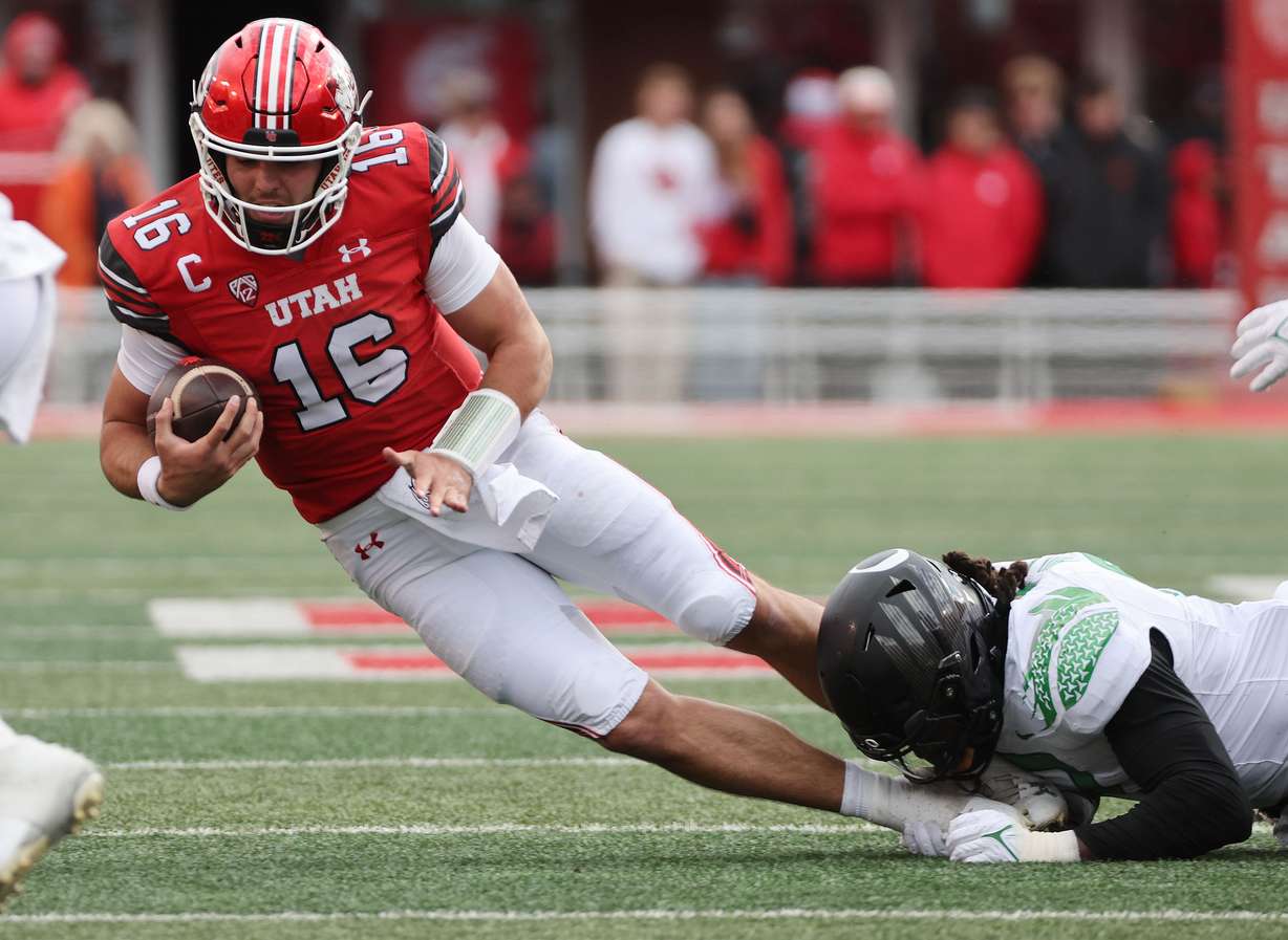 Utah Utes quarterback Bryson Barnes (16) is sacked by Oregon Ducks defensive end Brandon Dorlus (3) in Salt Lake City on Saturday, Oct. 28, 2023.
Oregon won 35-6.