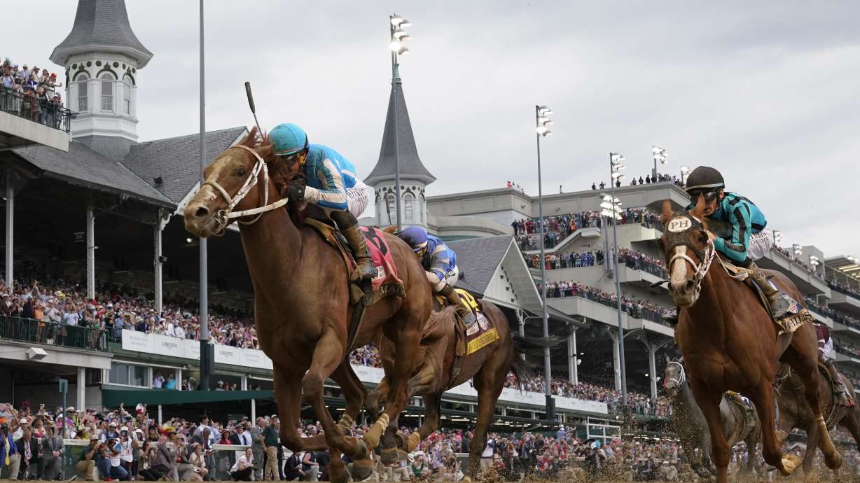 FILE - Mage (8), with Javier Castellano aboard, wins the 149th running of the Kentucky Derby horse race at Churchill Downs Saturday, May 6, 2023, in Louisville, Ky. Kentucky Derby winner Mage and Belmont Stakes winner Arcangelo head a full field of 14 horses for the wide-open Breeders' Cup Classic.
