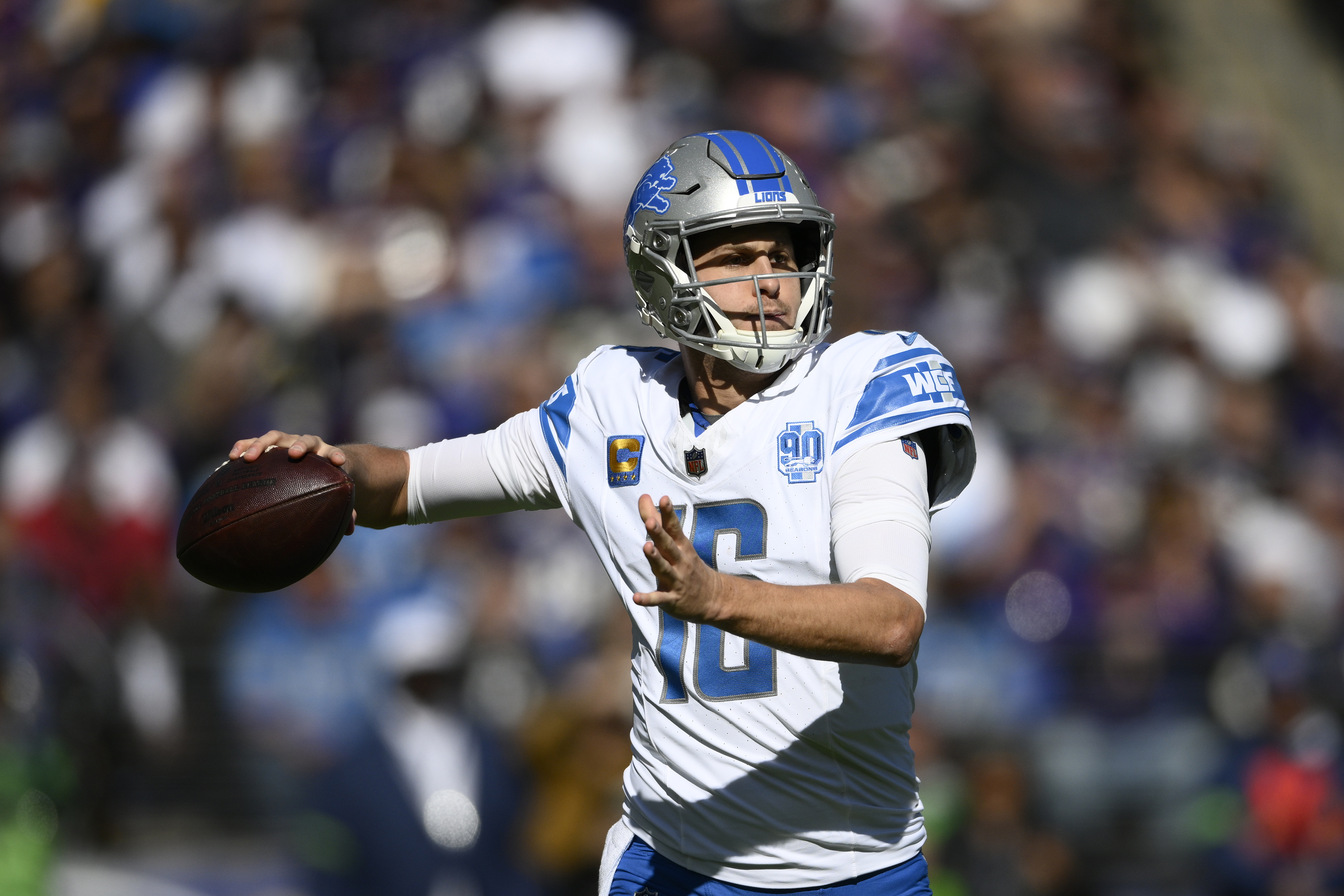 Detroit Lions quarterback Jared Goff throws during the first half of an NFL football game against the Baltimore Ravens, Sunday, Oct. 22, 2023, in Baltimore. 