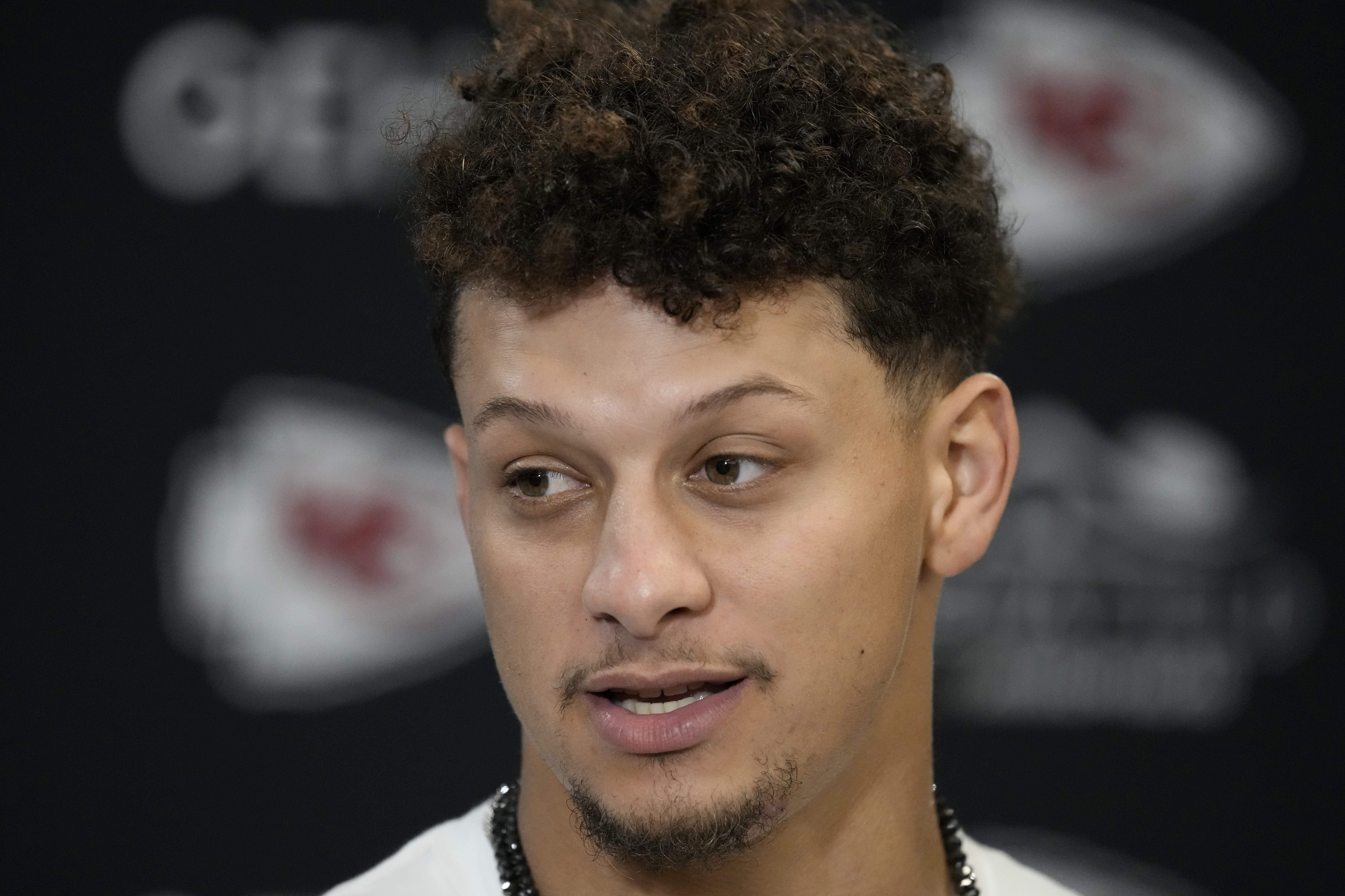 Kansas City Chiefs quarterback Patrick Mahomes speaks during a news conference following an NFL football game against the Los Angeles Chargers Sunday, Oct. 22, 2023, in Kansas City, Mo. The Chiefs won 31-17. 