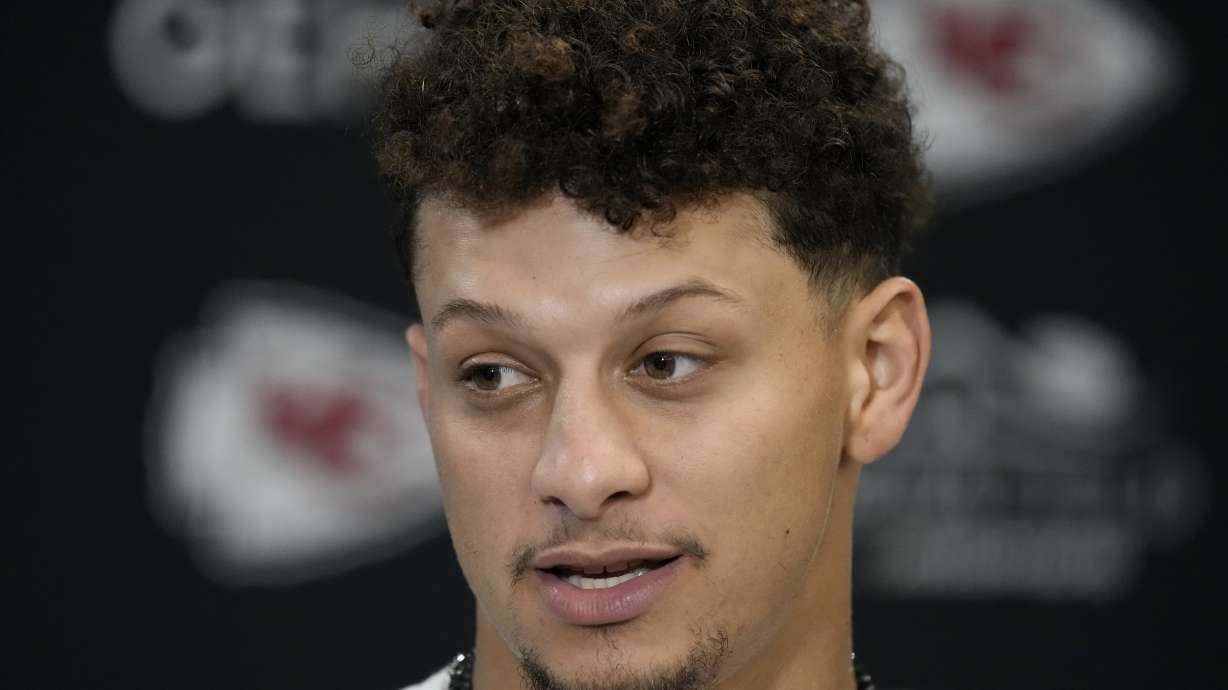 Kansas City Chiefs quarterback Patrick Mahomes speaks during a news conference following an NFL football game against the Los Angeles Chargers Sunday, Oct. 22, 2023, in Kansas City, Mo. The Chiefs won 31-17.