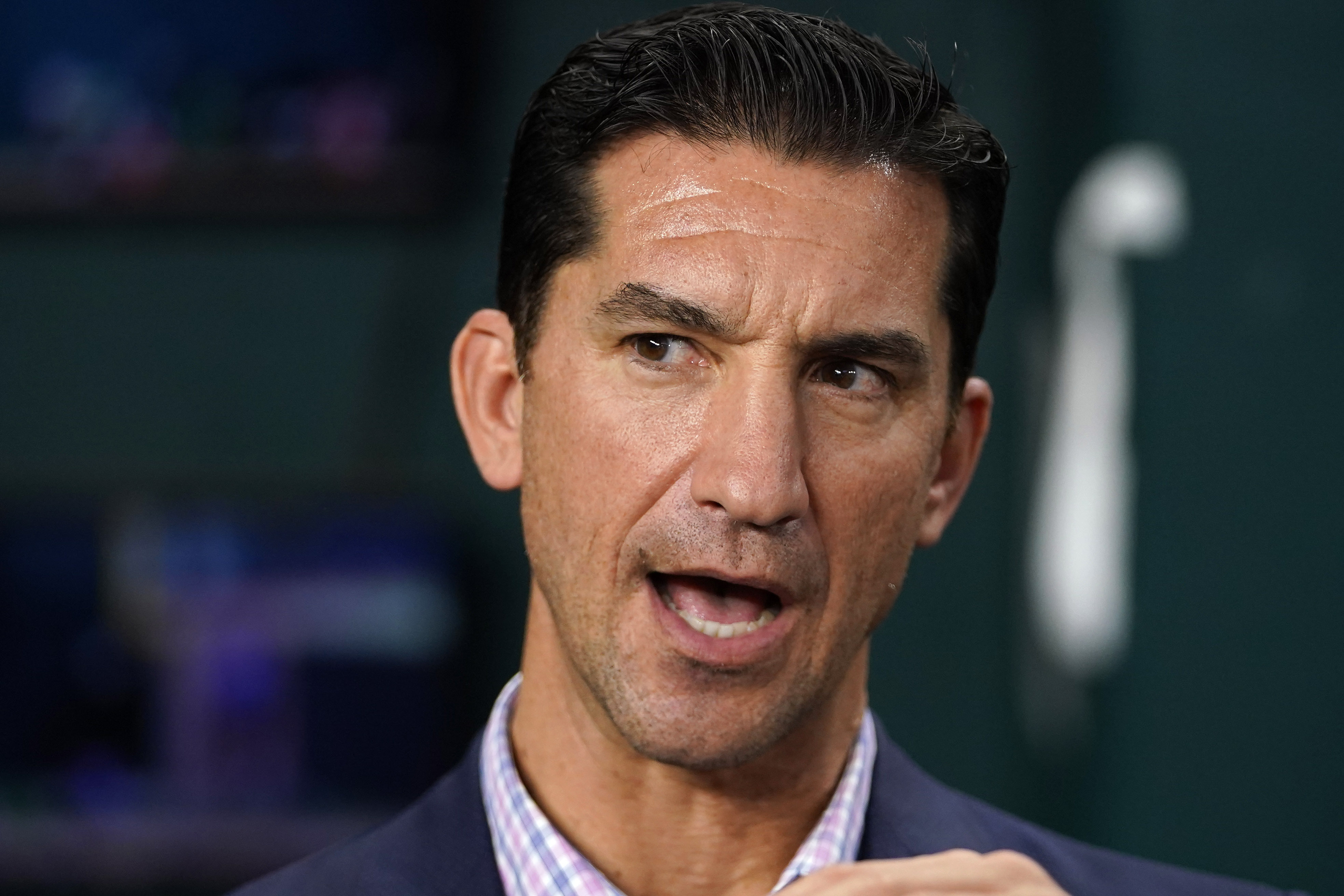 Arizona Diamondbacks general manager Mike Hazen talks with reporters before Game 2 of the baseball World Series against the Texas Rangers Saturday, Oct. 28, 2023, in Arlington, Texas. 