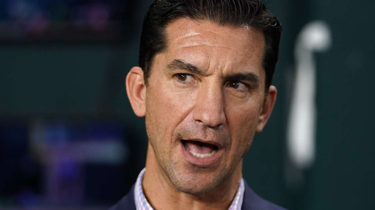 Arizona Diamondbacks general manager Mike Hazen talks with reporters before Game 2 of the baseball World Series against the Texas Rangers Saturday, Oct. 28, 2023, in Arlington, Texas.