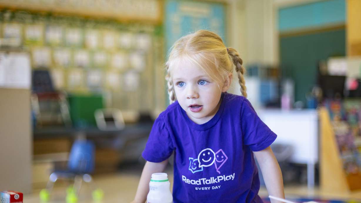 Emery Lankford, 4, at Hillcrest Developmental Preschool, takes a break from schoolwork to eat lunch. The one-stoplight farming community in conservative Idaho has embraced a goal that backers describe as progressive: universal preschool.