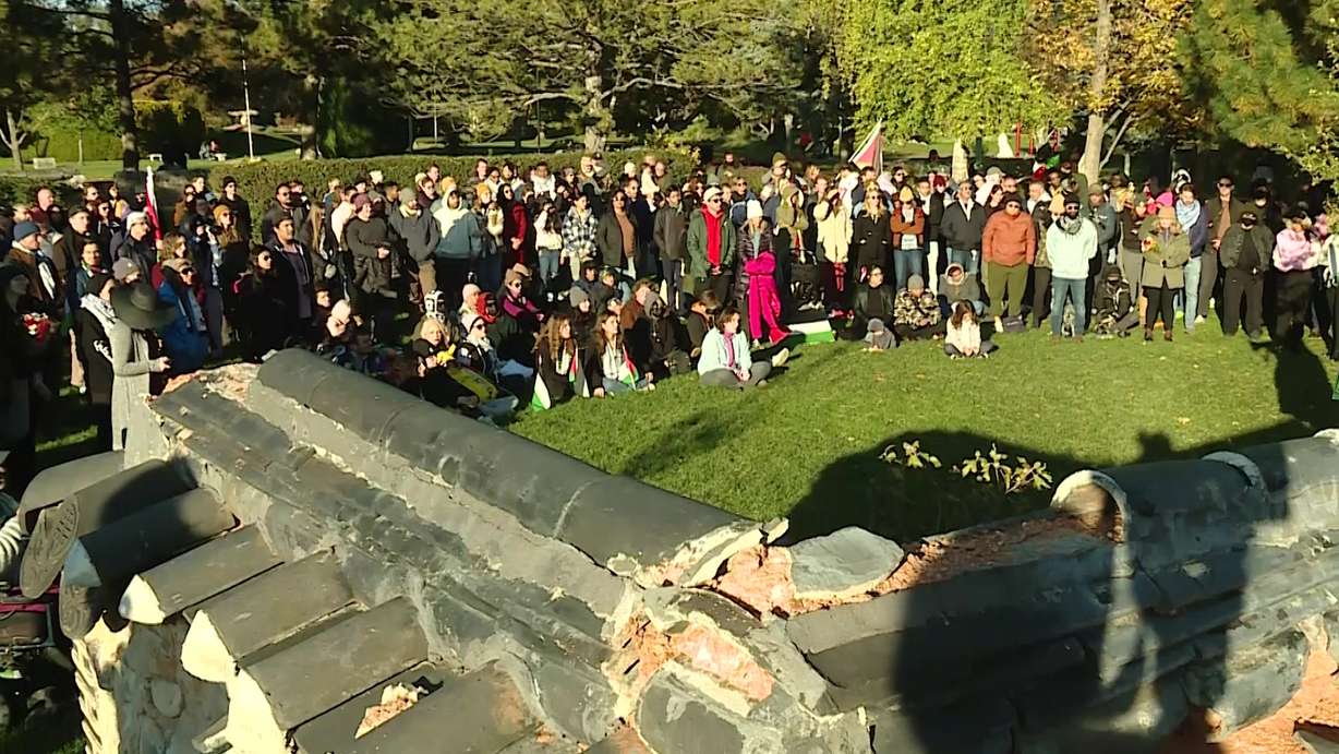 People gathered at the International Peace Gardens in Salt Lake City Sunday to mourn the loss of Palestinian lives in the Israel-Hamas war.