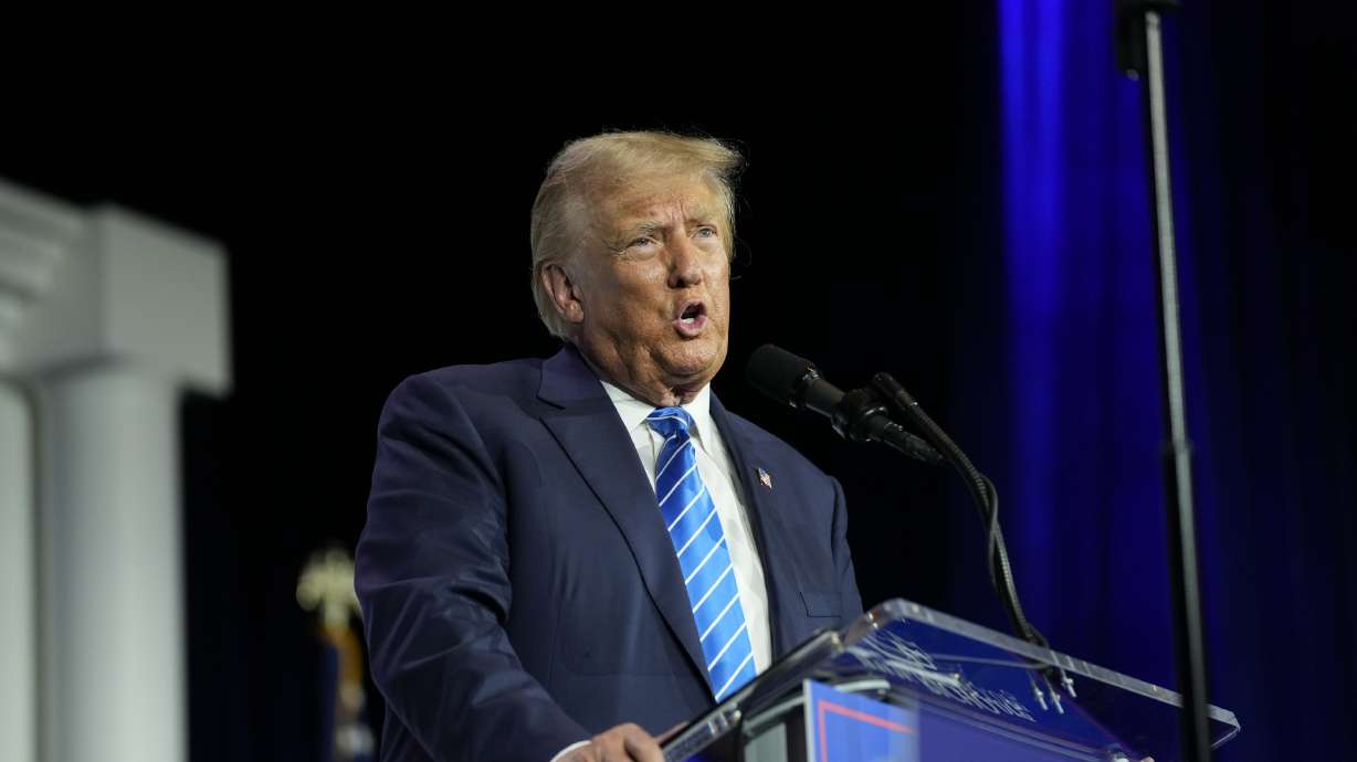 Former President Donald Trump speaks Saturday, in Las Vegas. Court arguments are beginning that could determine whether the Constitution’s insurrection clause bars Trump from running again for the White House.