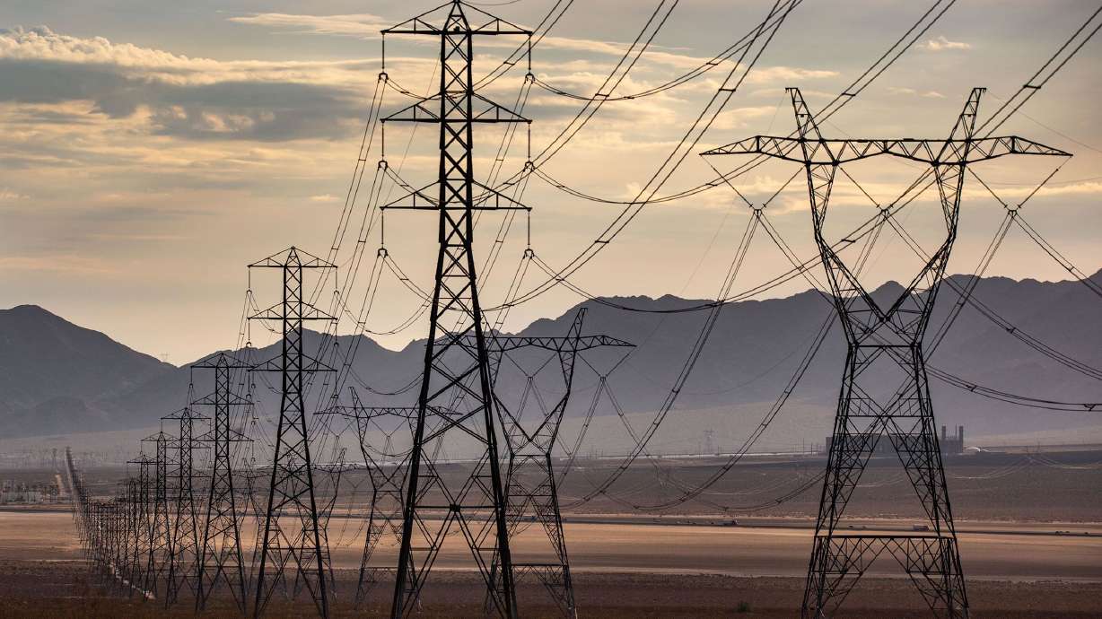 Electrical transmission lines are seen near Primm, Nev., in this undated photo. The Biden administration is announcing it will spend $1.3 billion of new federal funding for three new transmission lines.