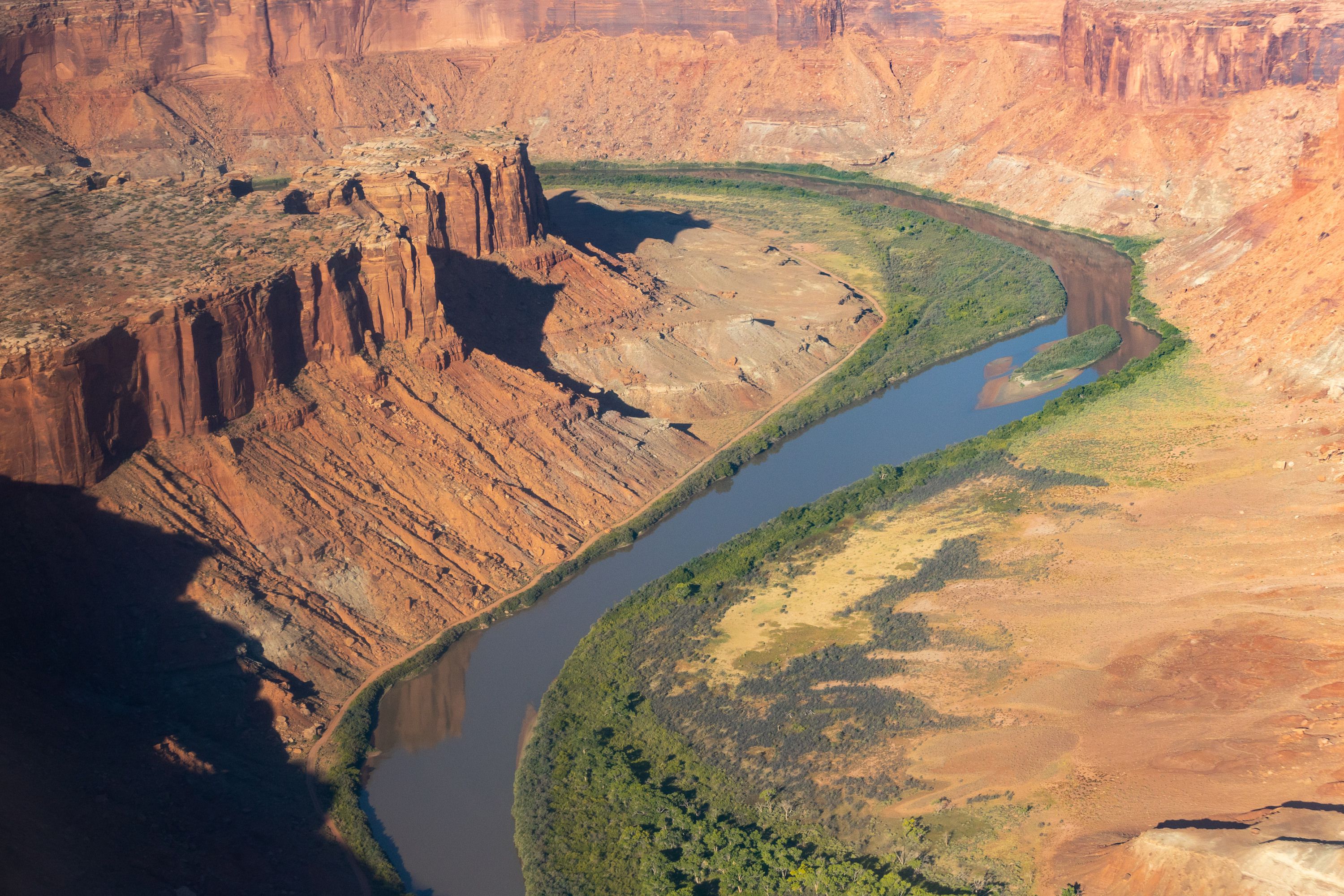 The Hey Joe Canyon trail, along the bottom edge of Labyrinth Canyon and the Green River, is seen Sept. 22 from an EcoFlight above one of the areas that will be impacted by the Labyrinth Canyon and Gemini Bridges Travel Plan.