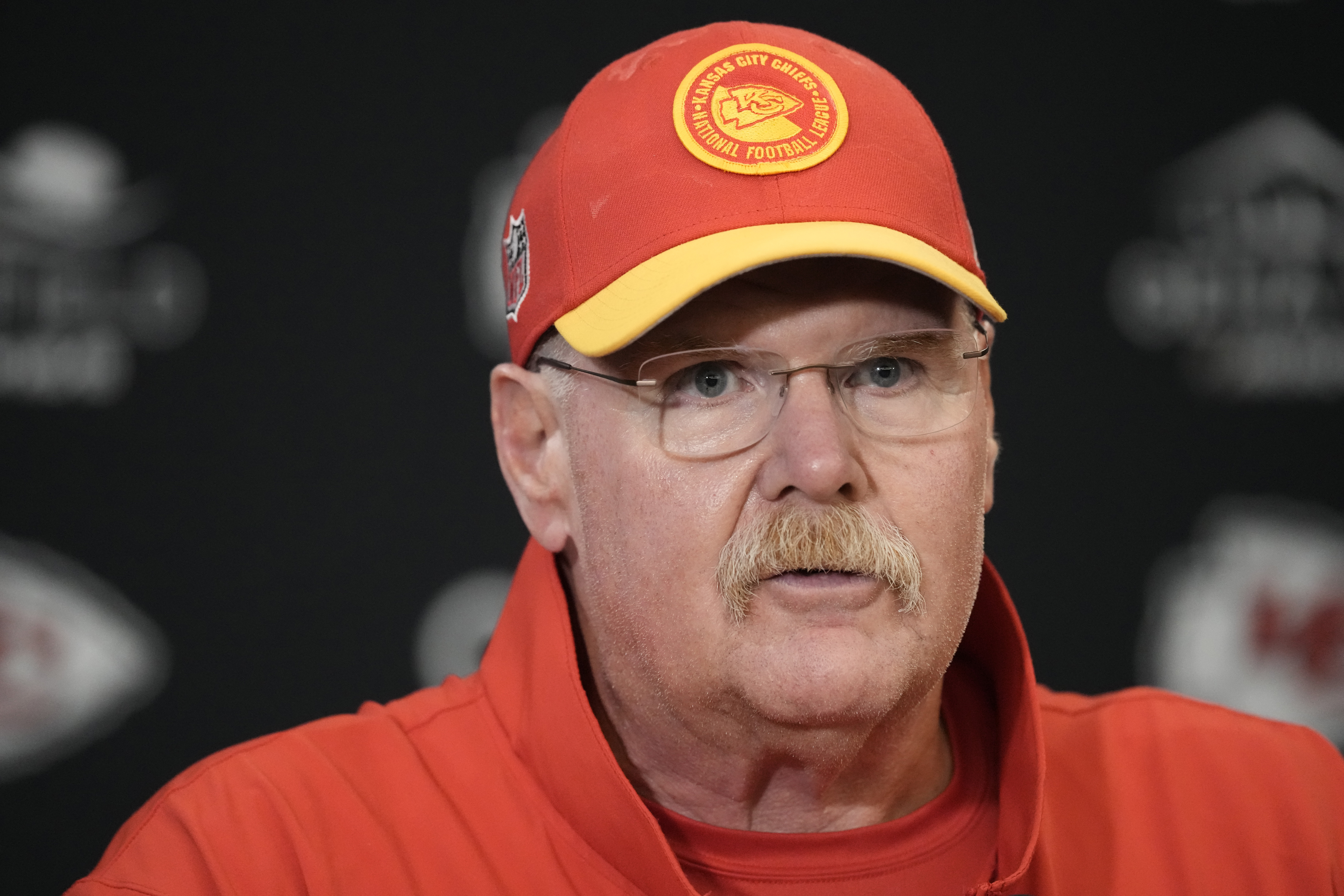 Kansas City Chiefs head coach Andy Reid speaks during a news conference following an NFL football game against the Los Angeles Chargers Sunday, Oct. 22, 2023, in Kansas City, Mo. The Chiefs won 31-17. 