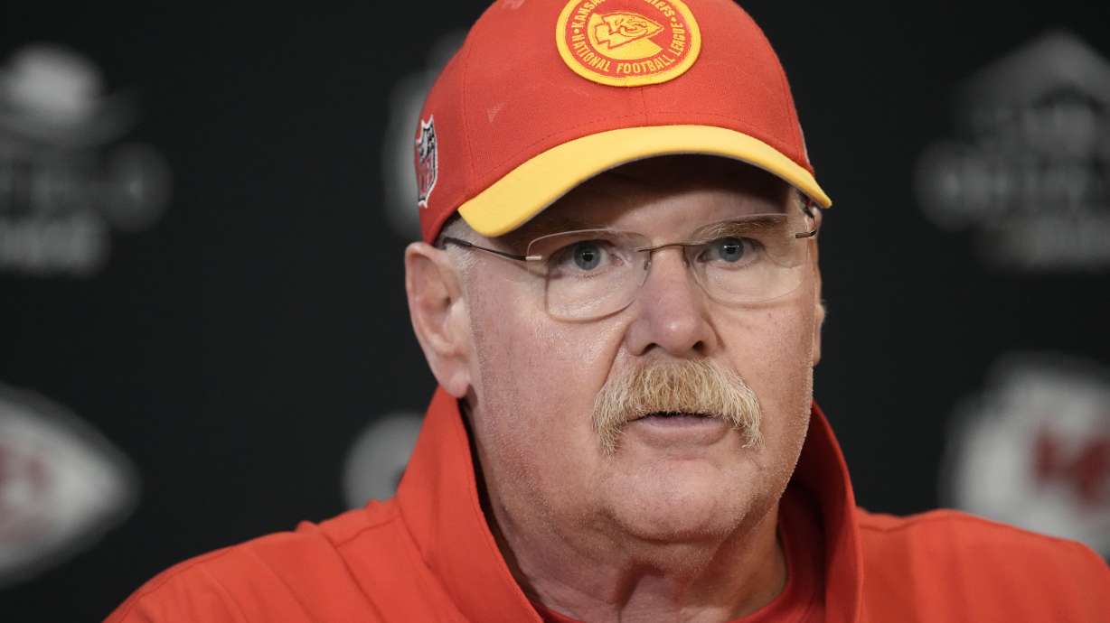 Kansas City Chiefs head coach Andy Reid speaks during a news conference following an NFL football game against the Los Angeles Chargers Sunday, Oct. 22, 2023, in Kansas City, Mo. The Chiefs won 31-17.