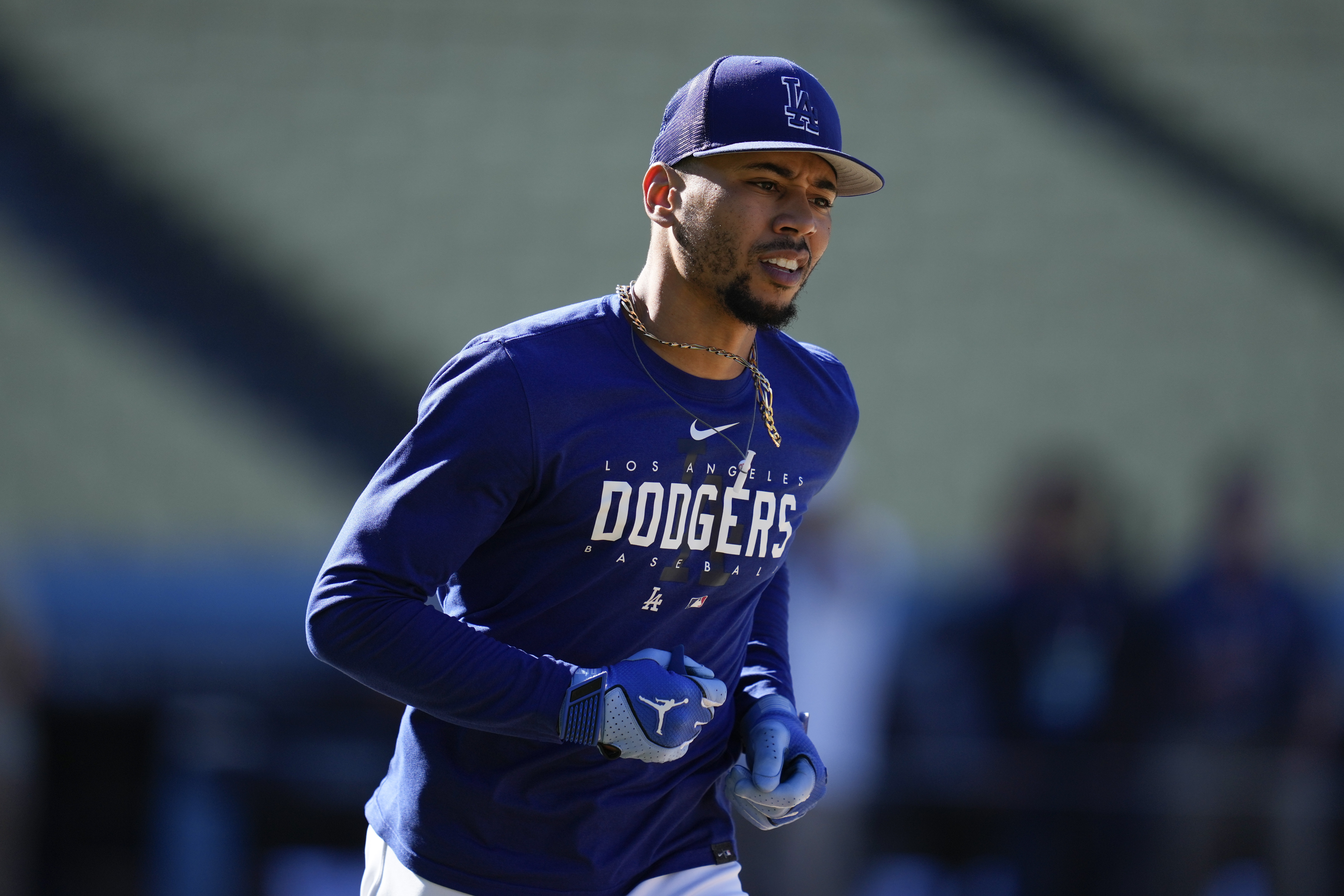 Los Angeles Dodgers' Mookie Betts participates in batting practice before Game 1 of a baseball NL Division Series game against the Arizona Diamondbacks in Los Angeles, Saturday, Oct. 7, 2023. 