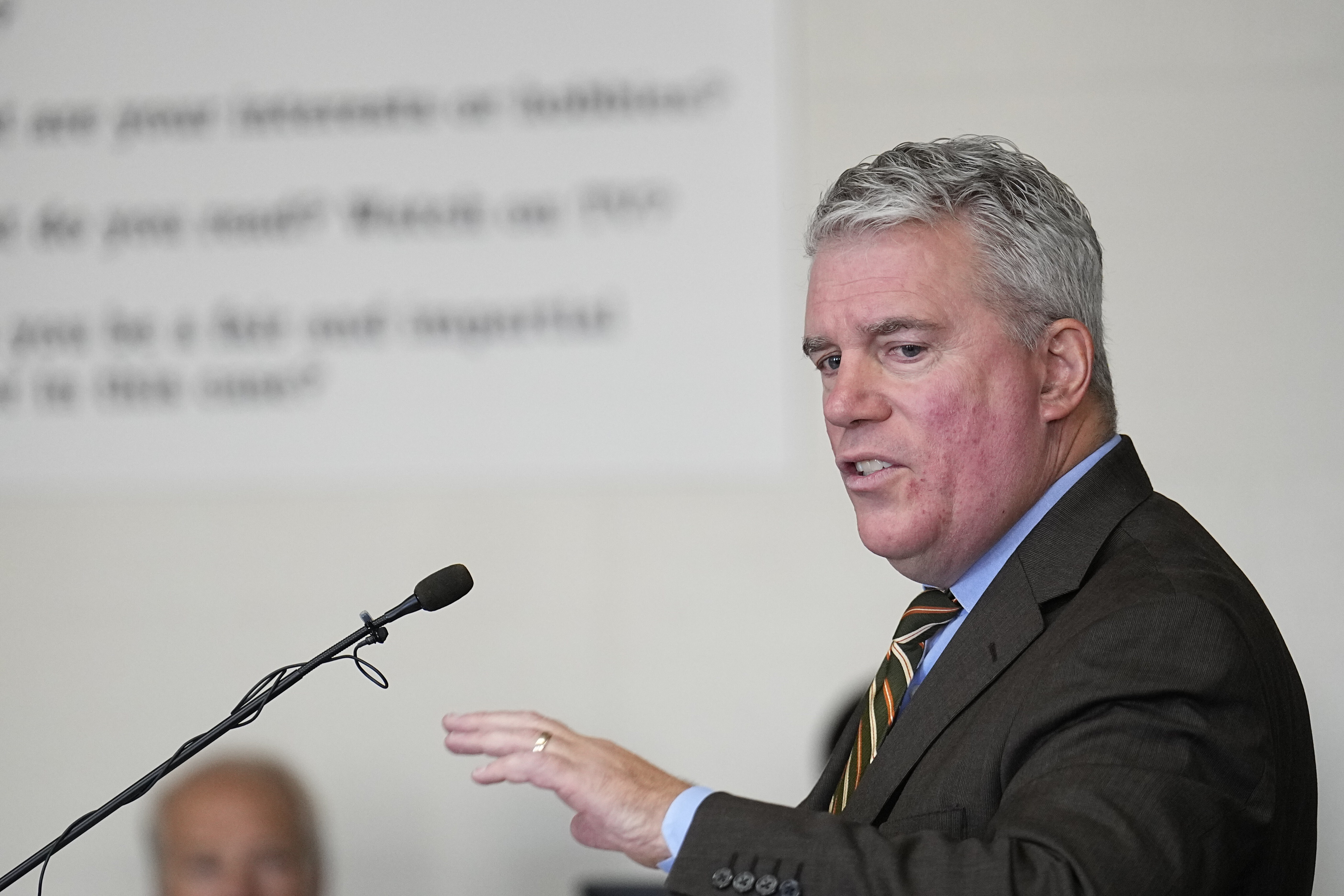 Attorney for former president Donald Trump Scott Gessler delivers an opening statement during a hearing Monday in Denver. The lawsuit seeks to keep Trump off the state ballot.