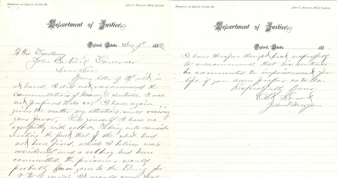 Idaho Supreme Court Justice John Morgan’s letter to Gov. John Neil requesting change of sentence for Mooney.