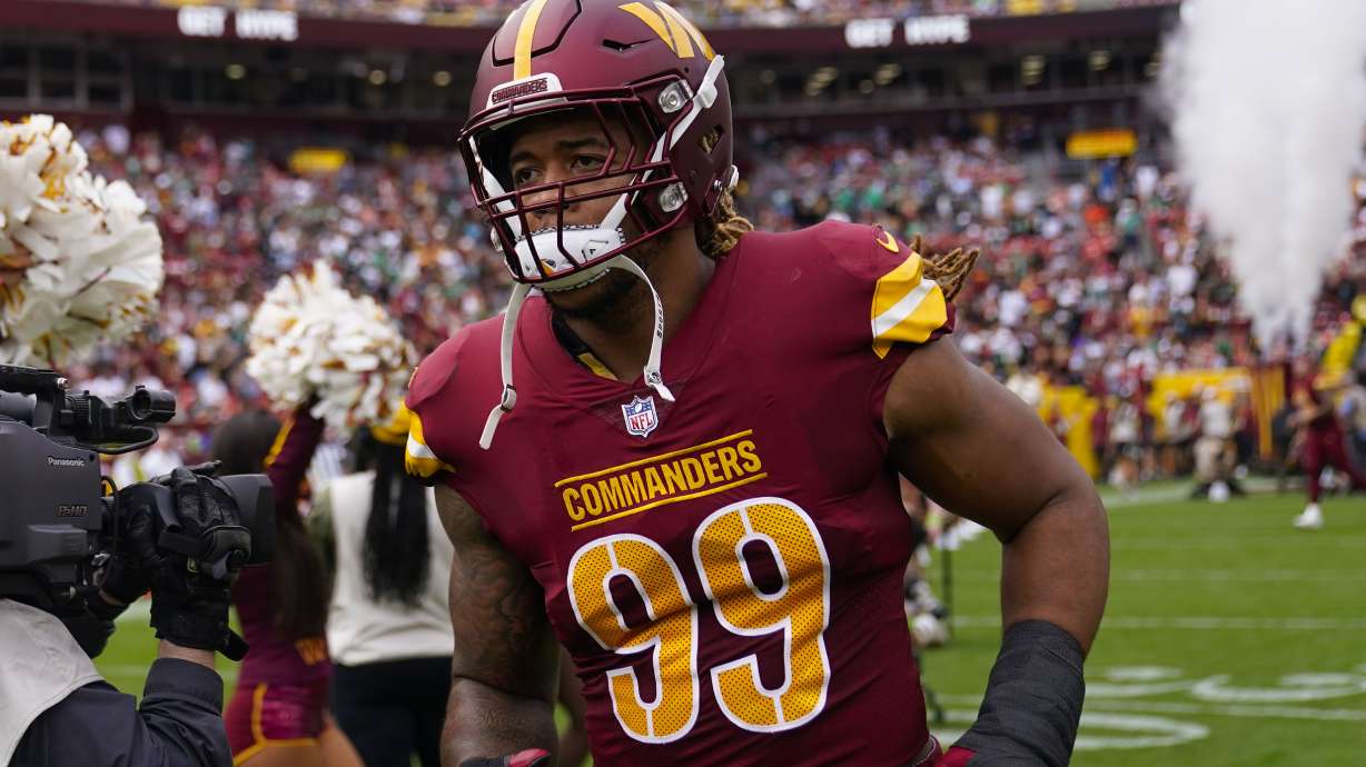 Washington Commanders defensive end Chase Young (99) taking the field before the start of the first half of an NFL football game against the Philadelphia Eagles, Sunday, Oct. 29, 2023, in Landover, Md.