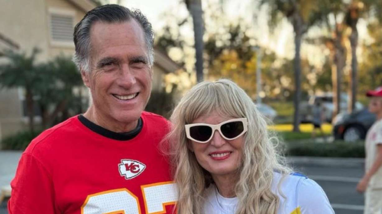 Sen. Mitt Romney and his wife Anne Romney are pictured in their Halloween costumes as Kansas City Chiefs star Travis Kelce and entertainer Taylor Swift.