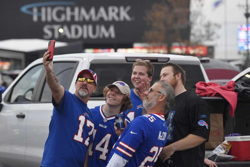 Buffalo Bills fans take a selfie before an NFL football game between the Tampa Bay Buccaneers and the Buffalo Bills, Oct. 26 in Orchard Park, N.Y.