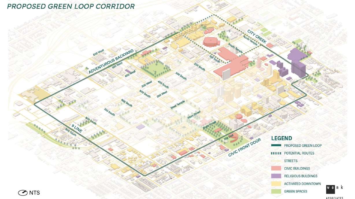 The proposed "Green Loop" corridor around downtown Salt Lake City. The city released a new survey Tuesday that shows the first concept designs for 200 East.