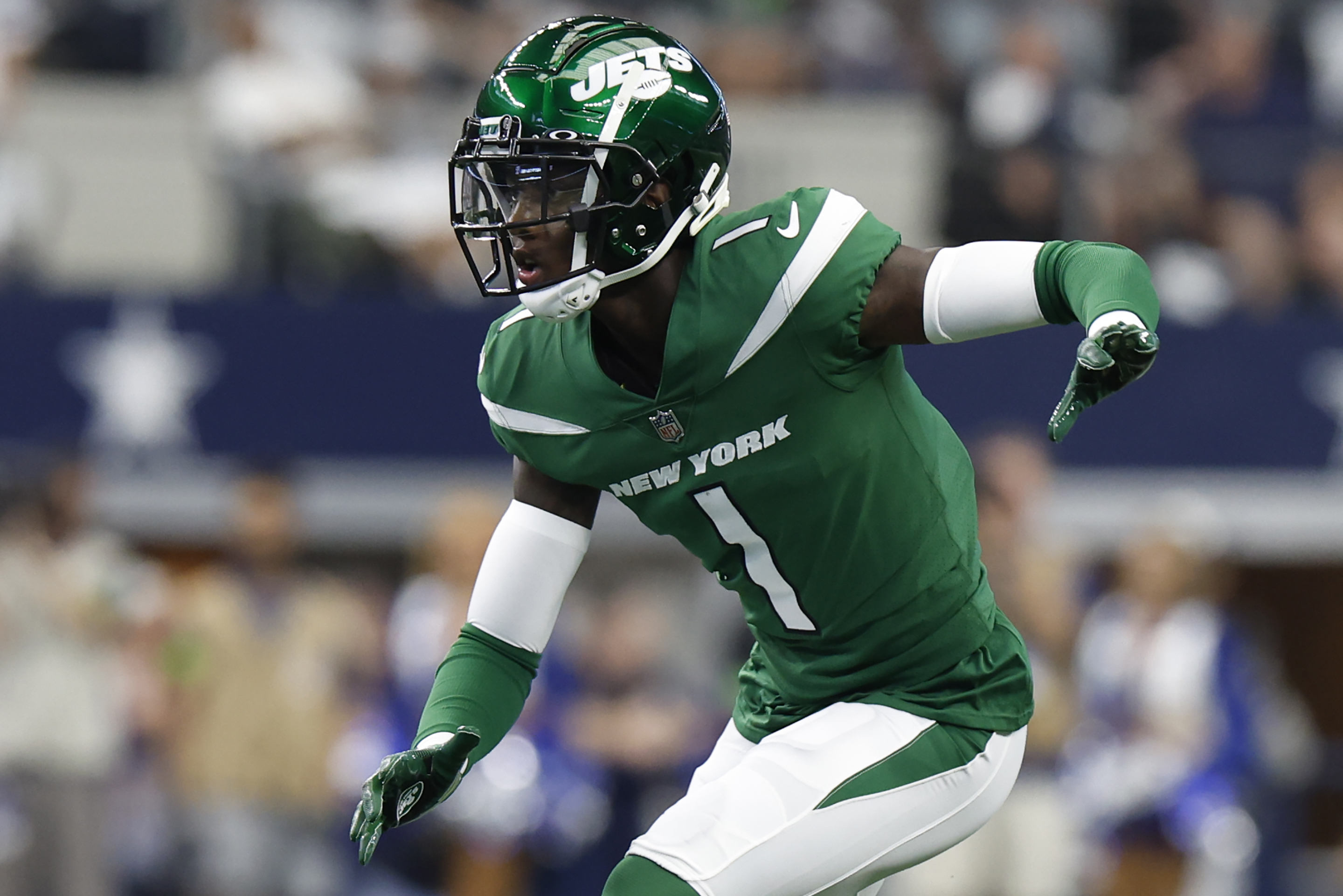 FILE - New York Jets defensive back Sauce Gardner (1) looks to defend during an NFL football game against the Dallas Cowboys on Sunday, Sept. 17, 2023, in Arlington, Texas. Gardner was voted the No. 1 cornerback at the midpoint of the season by The Associated Press.
