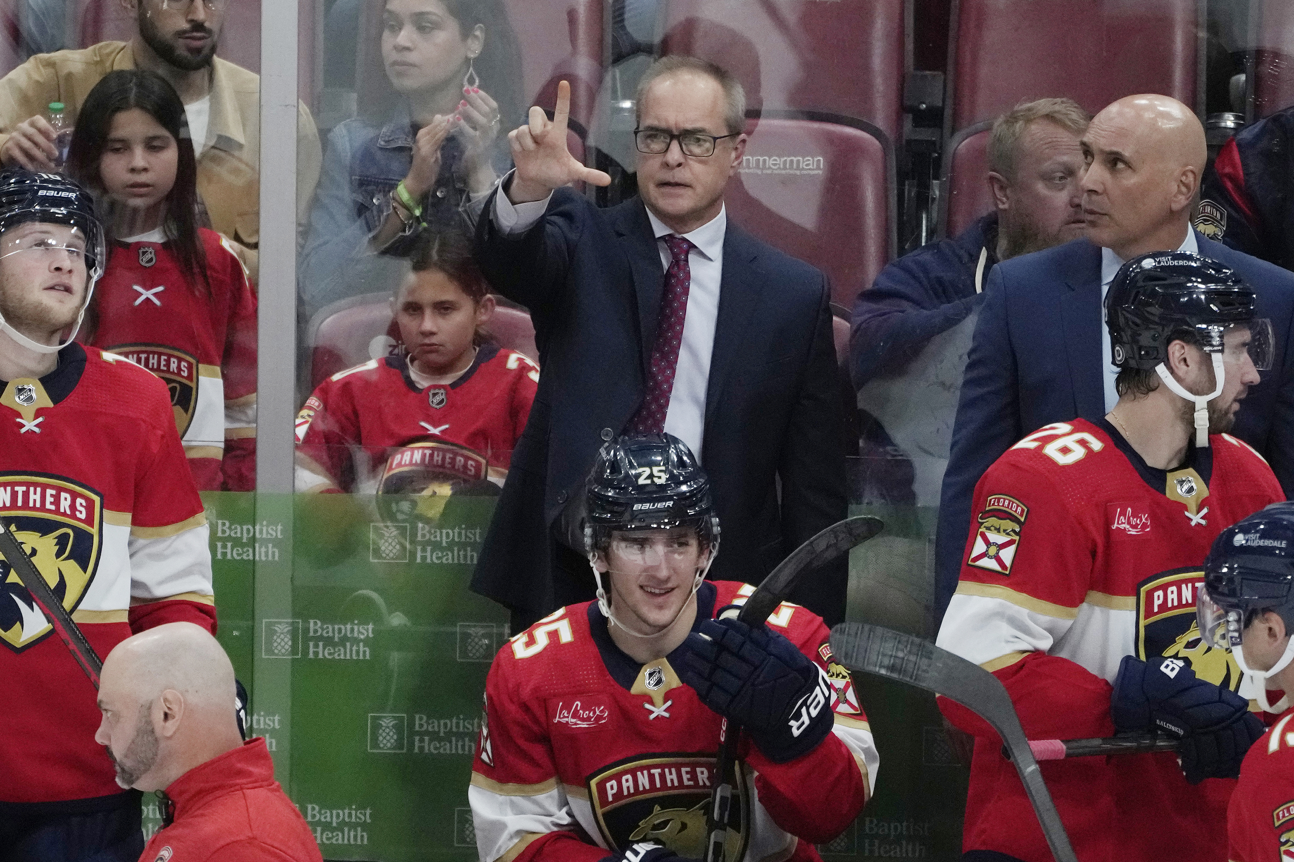 Florida Panthers head coach Paul Maurice gestures during the third period of an NHL hockey game, Tuesday, Oct. 24, 2023, in Sunrise, Fla. The Panthers defeated the Sharks 3-1.