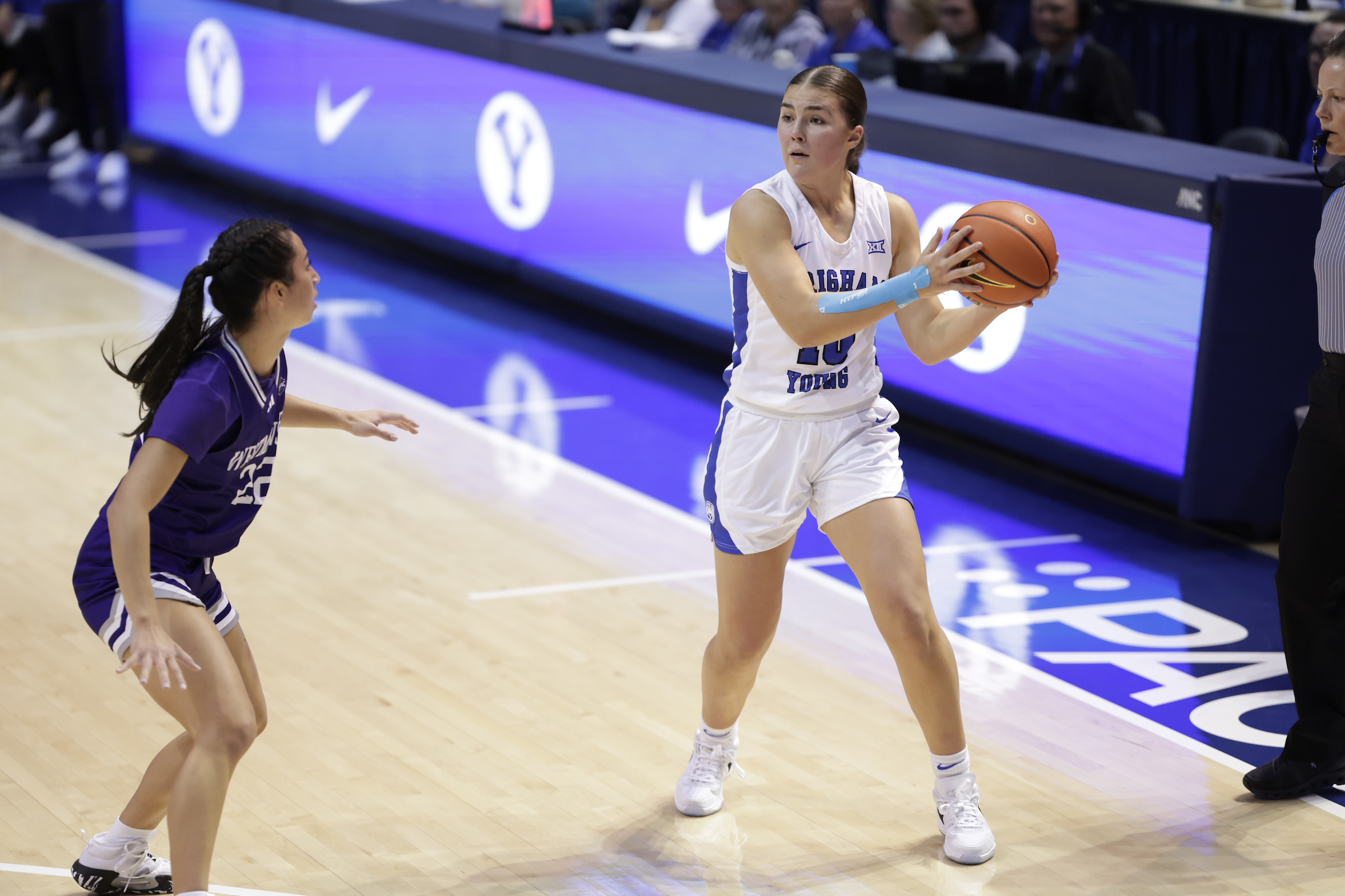 BYU guard Kailey Woolston looks to pass during a 92-48 exhibition win over Westminster. Wednesday, Nov. 1, 2023, in the Marriott Center in Provo.