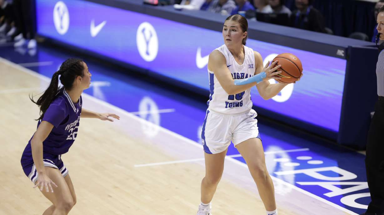 BYU guard Kailey Woolston looks to pass during a 92-48 exhibition win over Westminster. Wednesday, Nov. 1, 2023, in the Marriott Center in Provo.