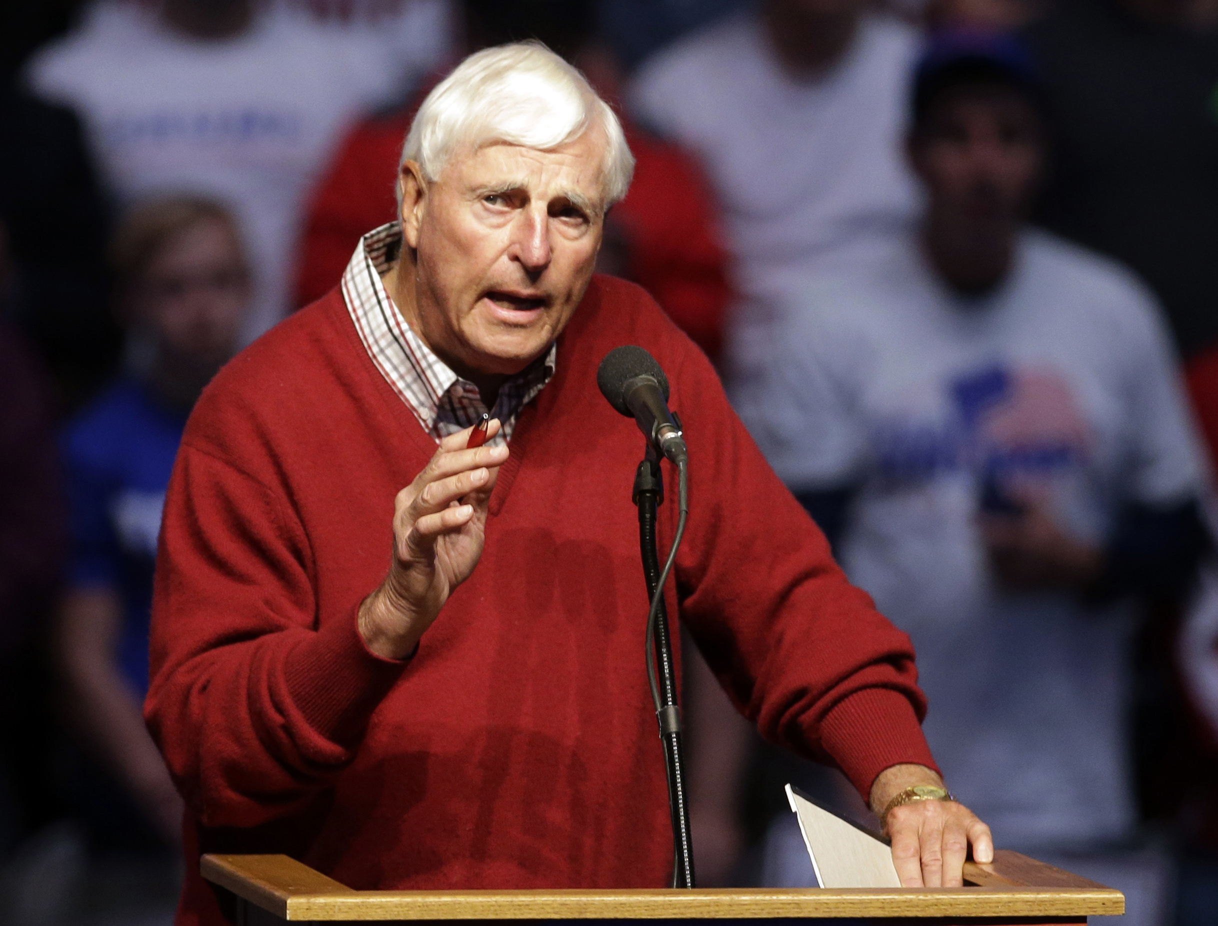 FILE - In this April 27, 2016, file photo, former Indiana basketball coach Bob Knight speaks during campaign stop for Republican presidential candidate Donald Trump in Indianapolis. Bob Knight, the brilliant and combustible coach who won three NCAA titles at Indiana and for years was the scowling face of college basketball has died. He was 83. Knight's family made the announcement on social media Wednesday evening, Nov. 1, 2023. 