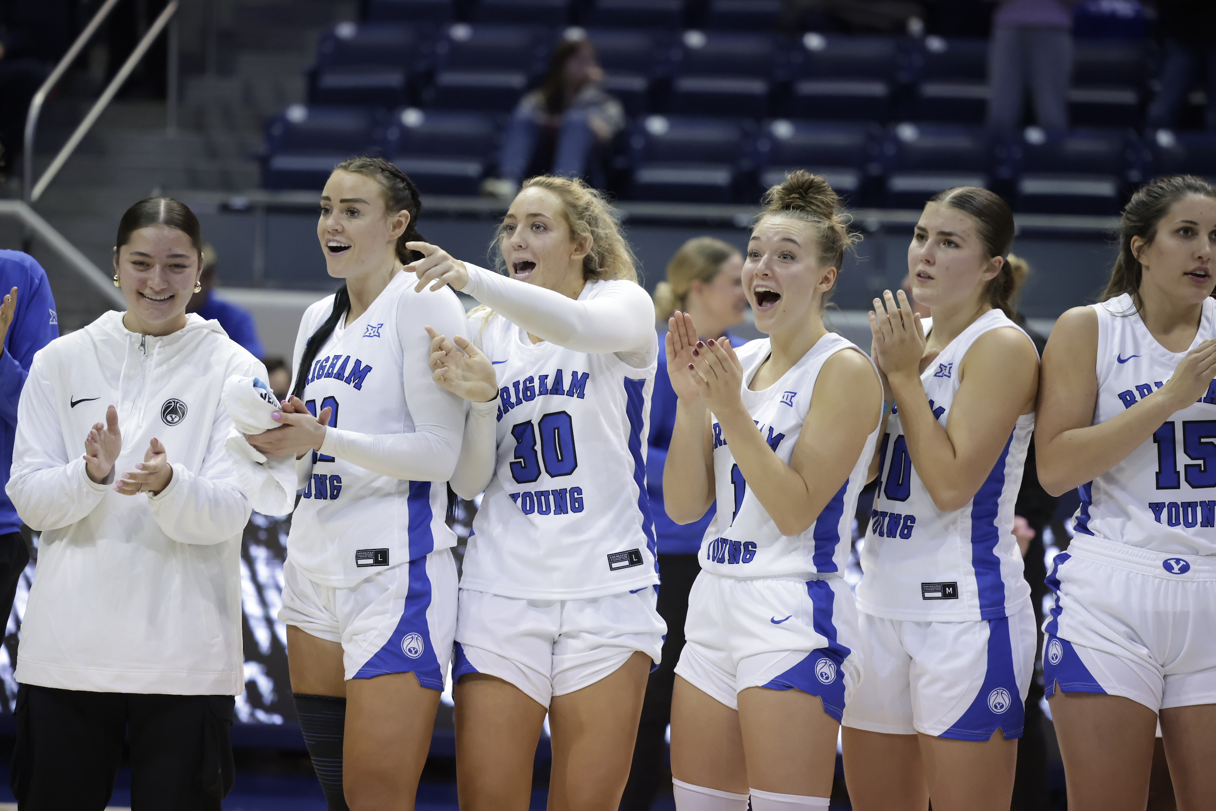 BYU forward Lauren Davenport celebrates with her team during the Cougars' exhibition win over Westminster, Nov. 1, 2023, at the Marriott Center in Provo.