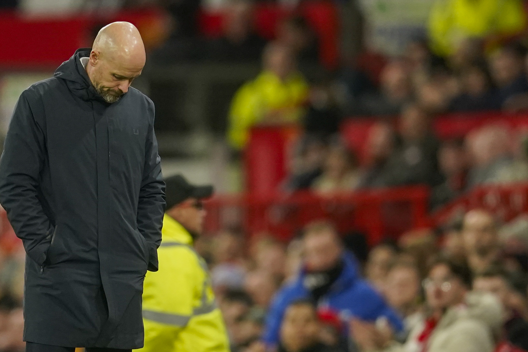 Manchester United's head coach Erik ten Hag reacts after Newcastle's Joe Willock scoring his side's third goal during the EFL Cup fourth round soccer match between Manchester United and Newcastle at Old Trafford stadium in Manchester, England, Wednesday, Nov. 1, 2023. 