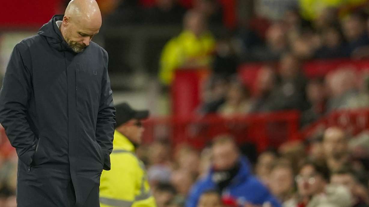 Manchester United's head coach Erik ten Hag reacts after Newcastle's Joe Willock scoring his side's third goal during the EFL Cup fourth round soccer match between Manchester United and Newcastle at Old Trafford stadium in Manchester, England, Wednesday, Nov. 1, 2023.
