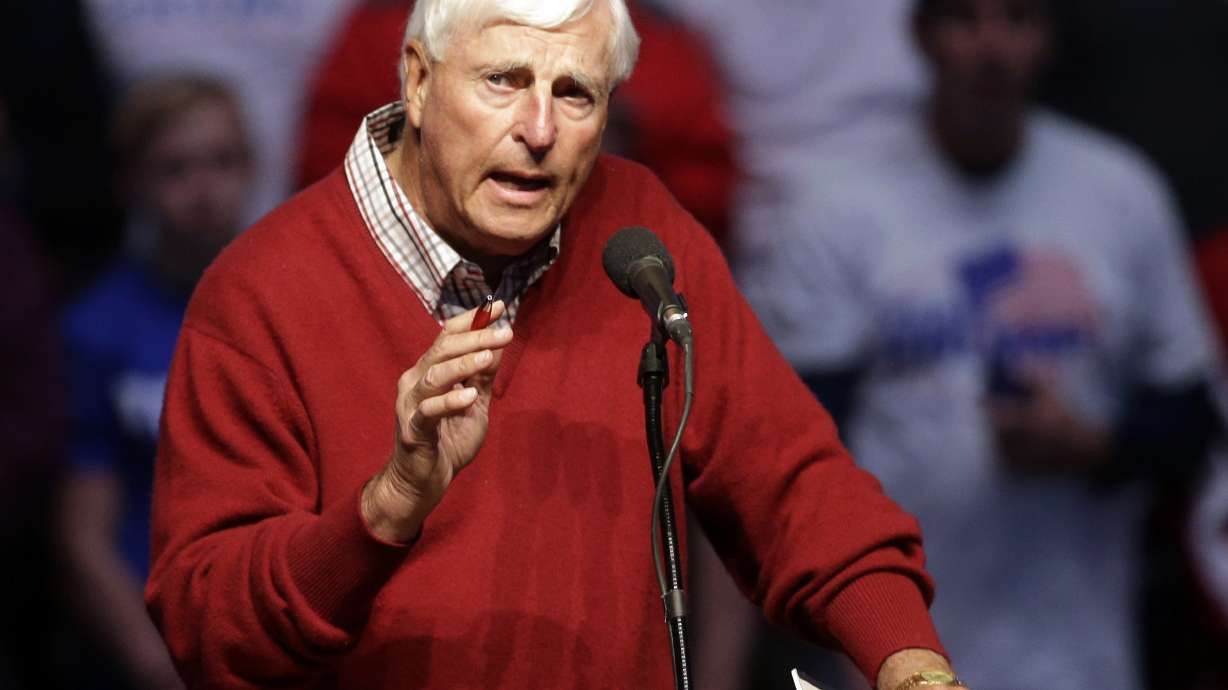FILE - In this April 27, 2016, file photo, former Indiana basketball coach Bob Knight speaks during campaign stop for Republican presidential candidate Donald Trump in Indianapolis. Bob Knight, the brilliant and combustible coach who won three NCAA titles at Indiana and for years was the scowling face of college basketball has died. He was 83. Knight's family made the announcement on social media Wednesday evening, Nov. 1, 2023.