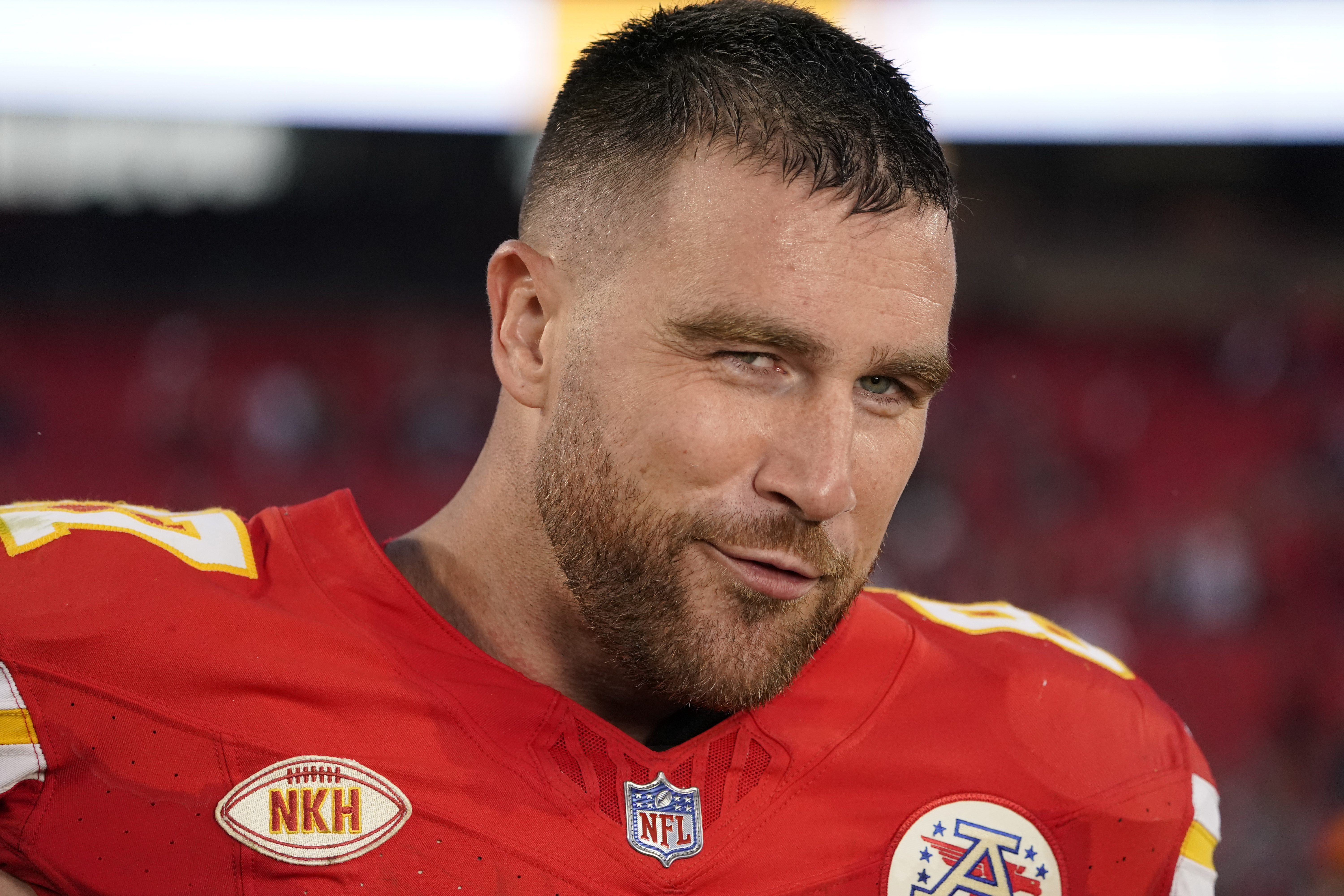 FILE - Kansas City Chiefs tight end Travis Kelce speaks during a post-game interview after an NFL football game Sunday, Oct. 22, 2023 in Kansas City, Mo. Kelce was voted the unanimous choice as the top tight end in the league by The Associated Press. A panel of nine AP Pro Football Writers ranked the top five players at tight end, making their selections based on current status midway through the 2023 season. 
