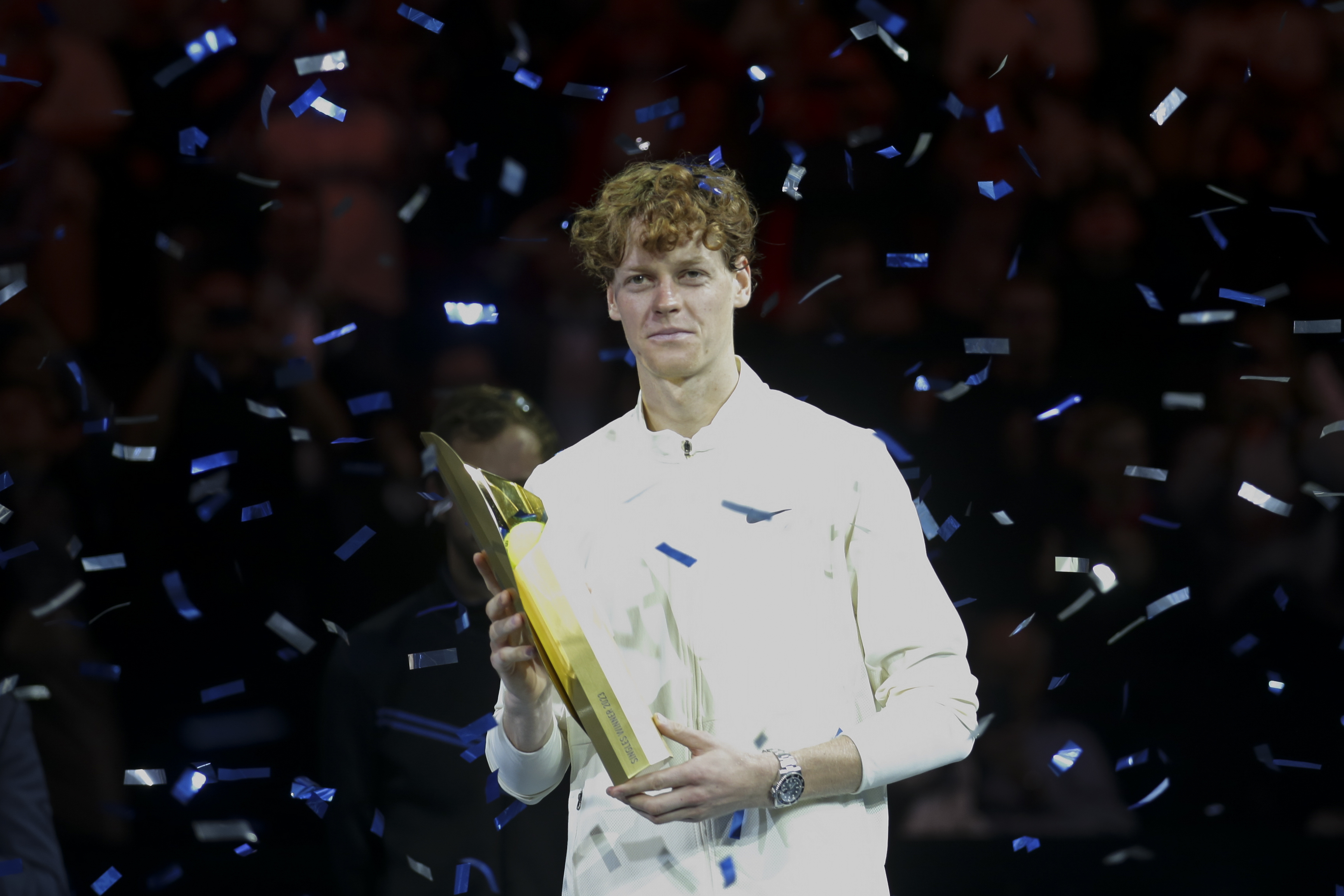 Jannik Sinner of Italy celebrates with the trophy after winning the final match of the Erste Bank Open ATP tennis tournament against Daniil Medvedev of Russia, in Vienna, Austria, Sunday, Oct. 29, 2023. Sinner won 7-6 (7), 4-6, 6-3.