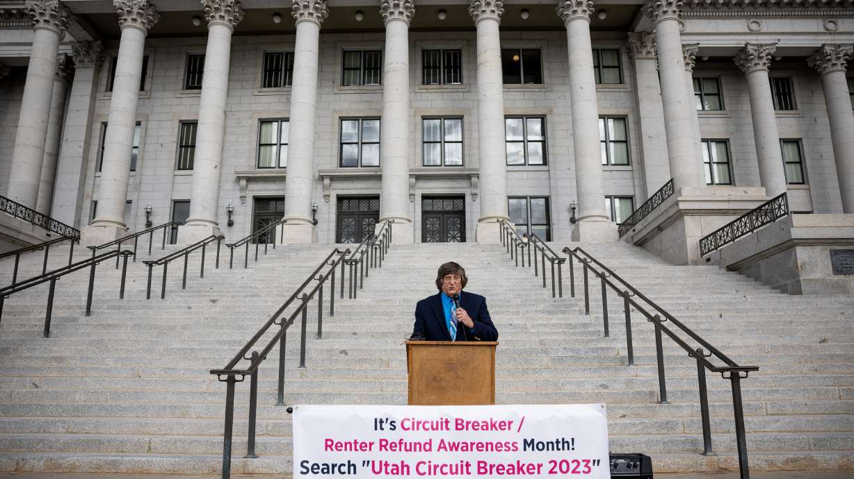 Jerry Schmidt, a former senior services case worker, talks about the Circuit Breaker program, which offers property tax relief for senior renters and homeowners, at the Capitol in Salt Lake City on Thursday.