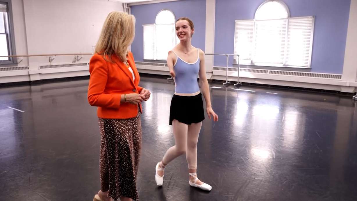 Olivia Book, right, and KSL-TV’s Carole Mikita speak about Book becoming a dancer in this undated photo.