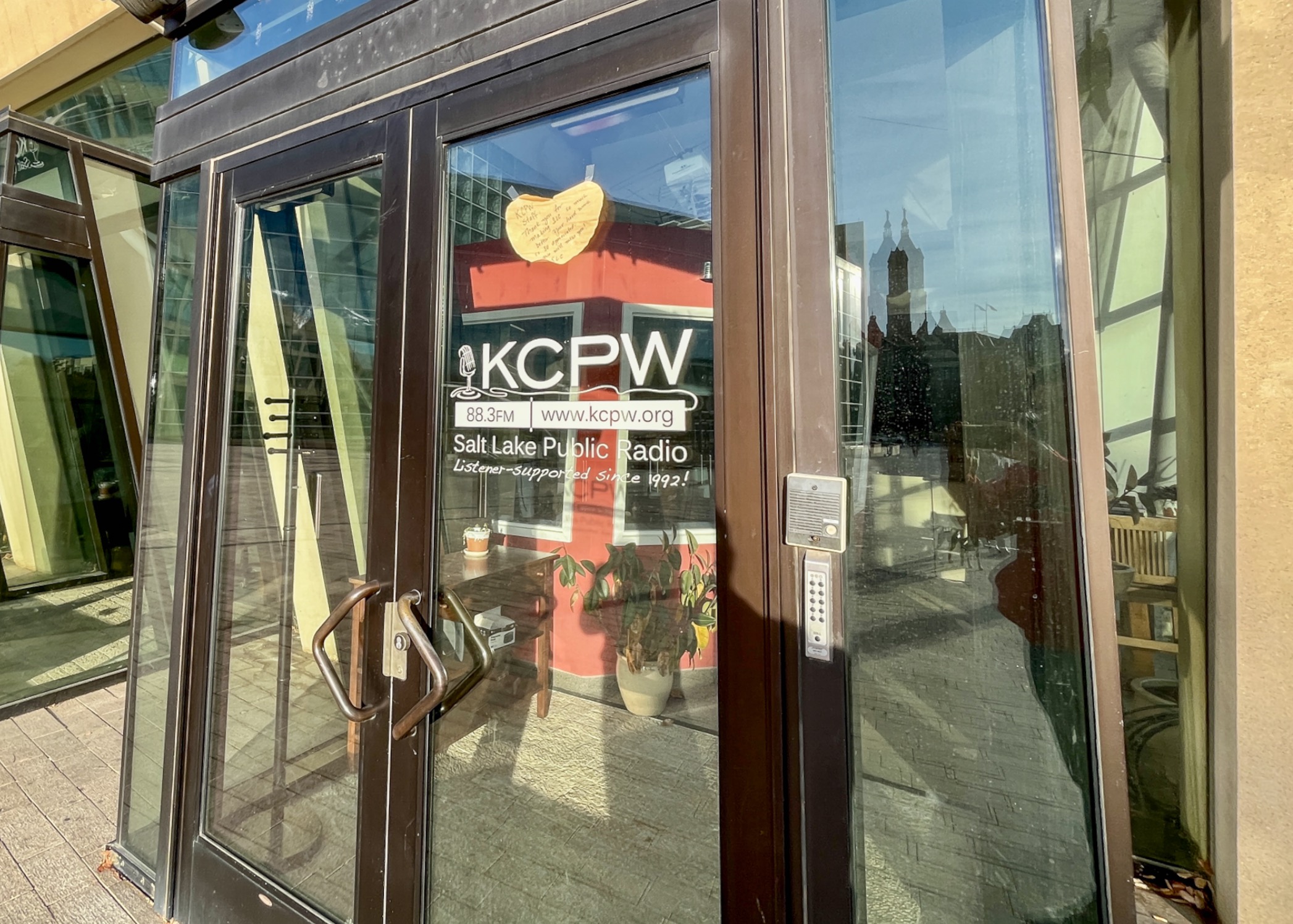 The the shuttered exterior of the KCPW studio at Library Square in Salt Lake City on Thursday. The station went off the air Tuesday after 31 years.