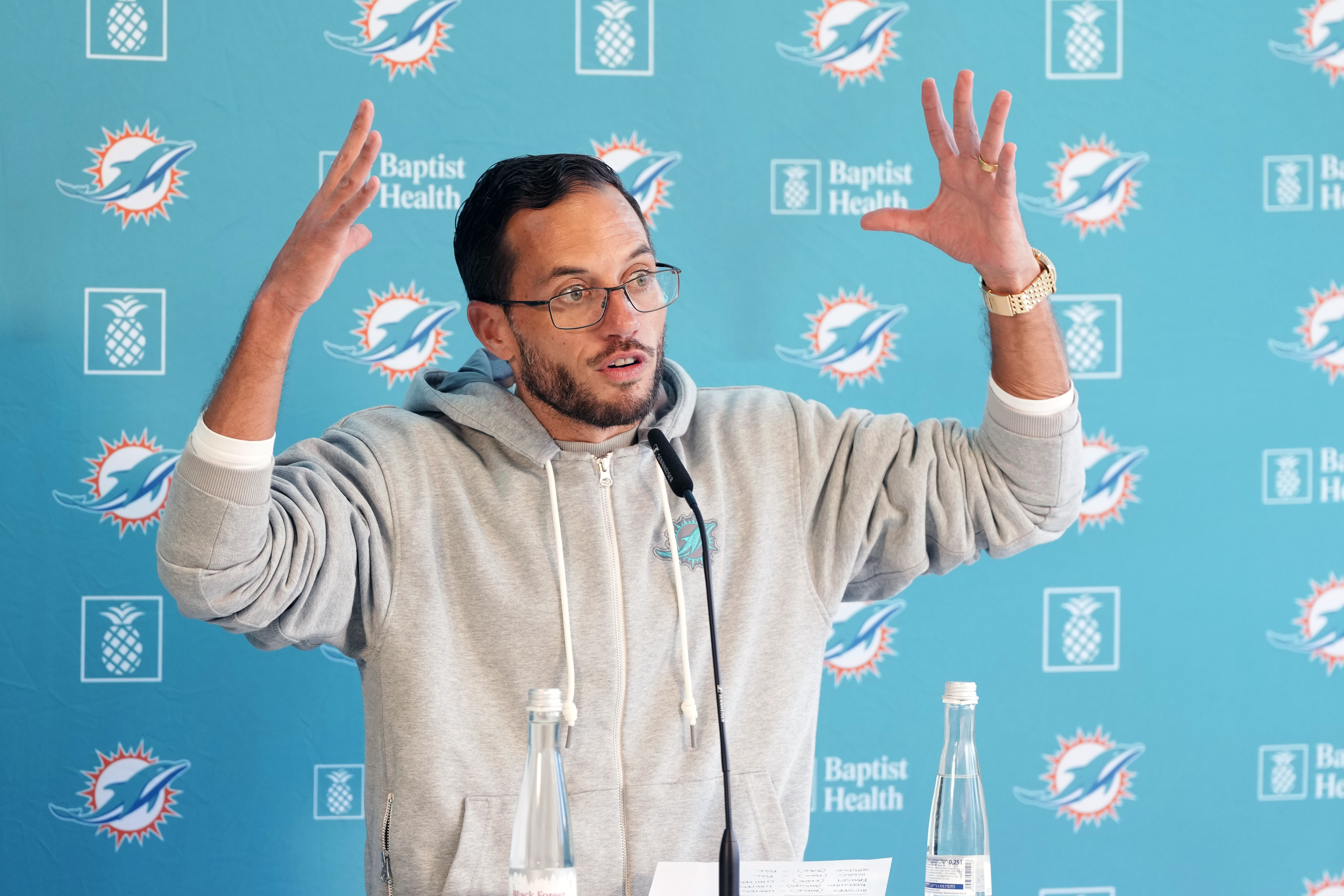 Miami Dolphins head coach Mike McDaniel speaks with media before a practice session in Frankfurt, Germany, Friday, Nov. 3, 2023. The Miami Dolphins are set to play the Kansas City Chiefs in a regular season NFL game in Frankfurt on Sunday. 