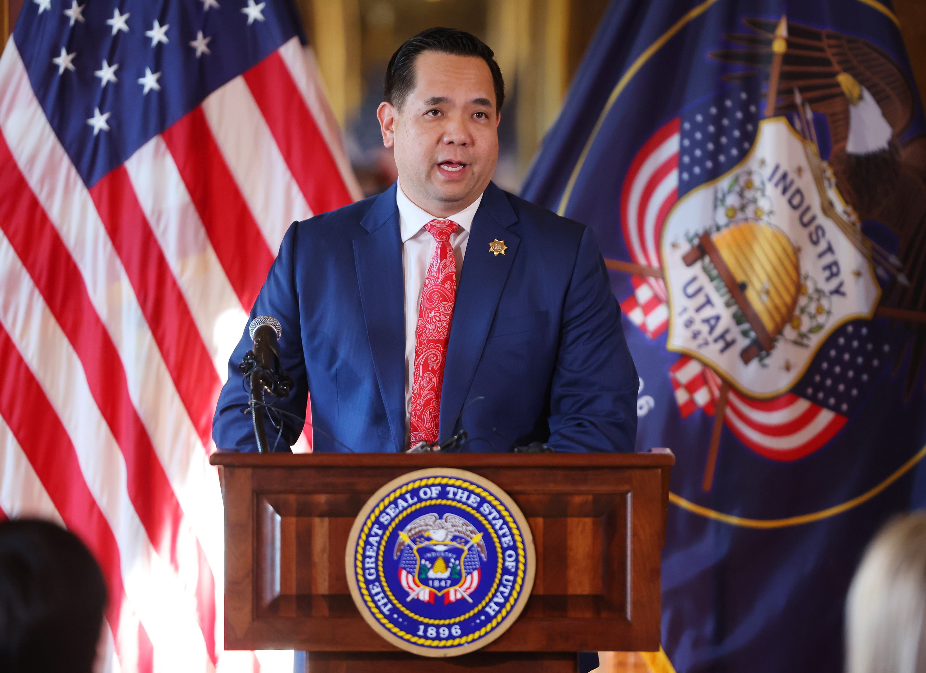 Utah Attorney General Sean Reyes speaks in the Gold Room at the Capitol on Jan. 23. An amended lawsuit alleges Reyes tried to protect former Operation Underground Railroad CEO Tim Ballard from complaints about his conduct.