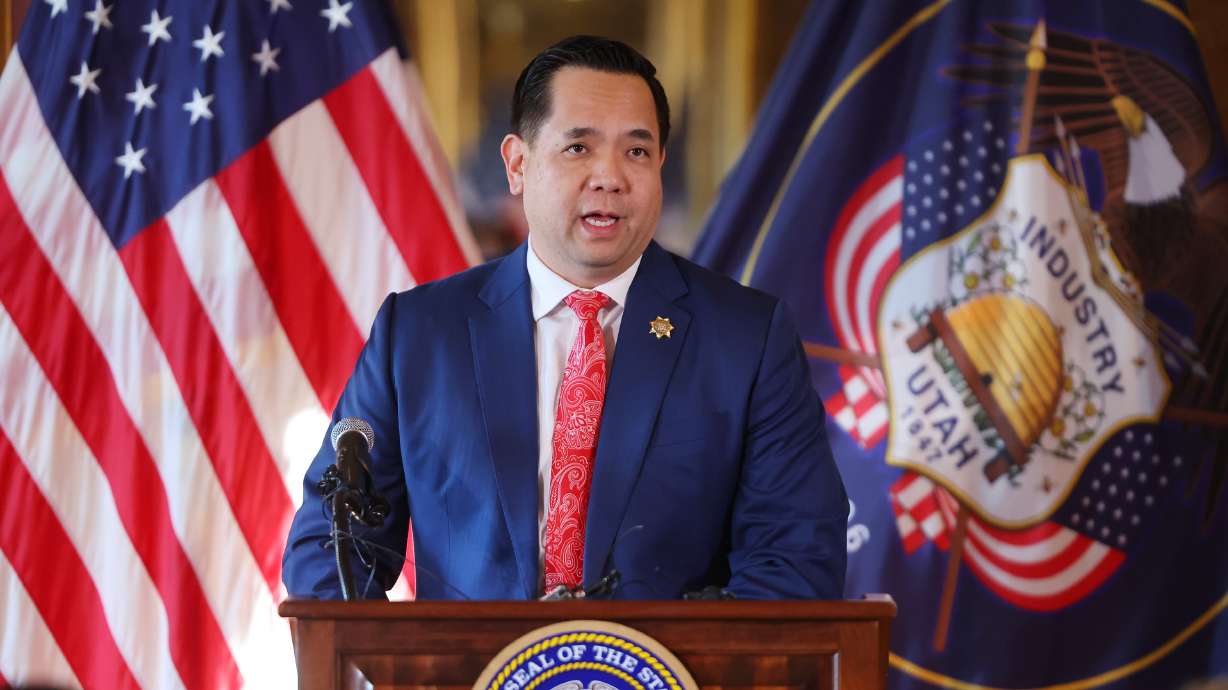 Utah Attorney General Sean Reyes speaks in the Gold Room at the Capitol on Jan. 23. An amended lawsuit alleges Reyes tried to protect former Operation Underground Railroad CEO Tim Ballard from complaints about his conduct.