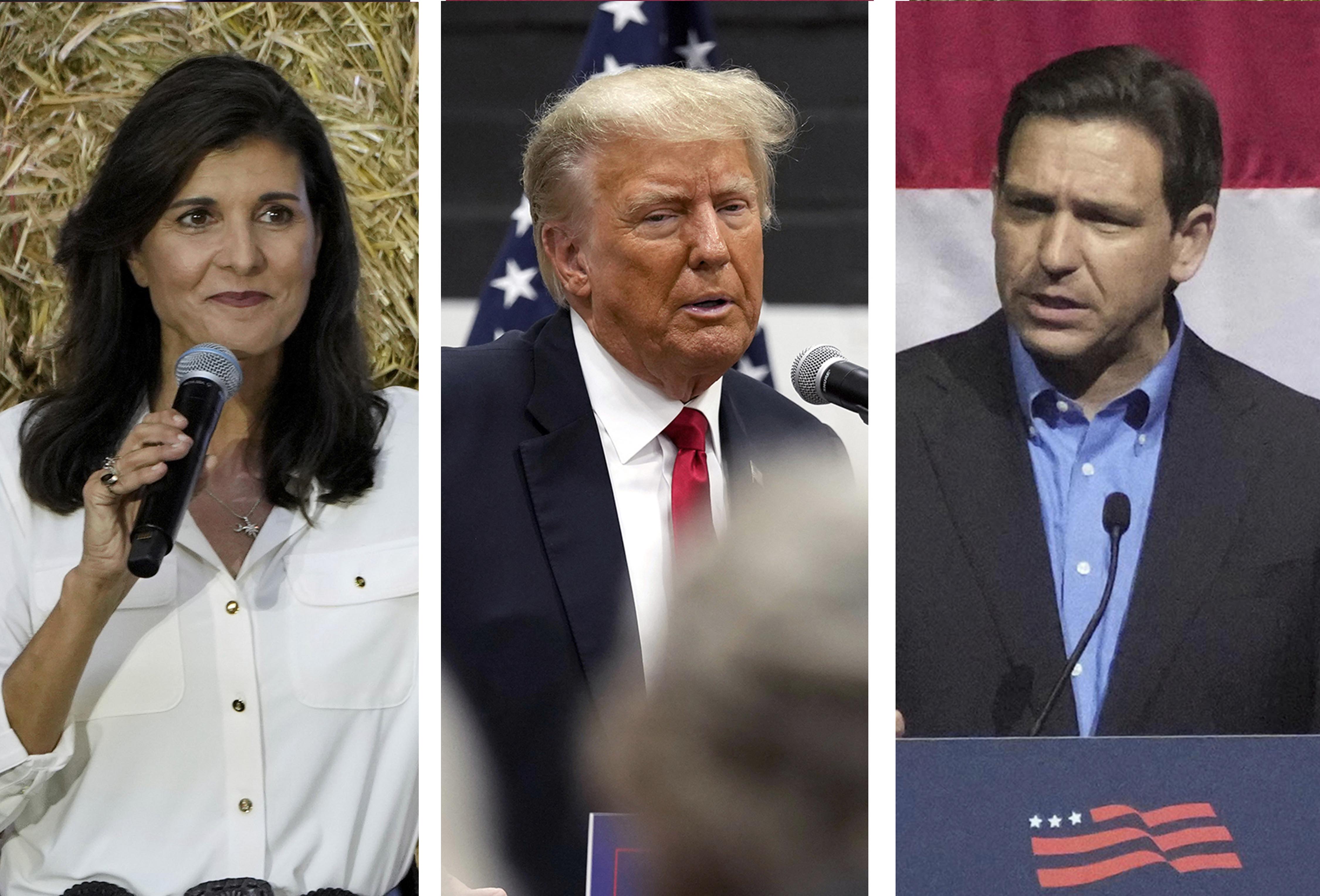 FILE - This combination of 2023 photos shows, from left, former President Donald Trump, Florida Gov. Ron DeSantis, former U.N. Ambassador Nikki Haley, former Vice President Mike Pence and South Carolina Sen. Tim Scott. (AP Photo, File)