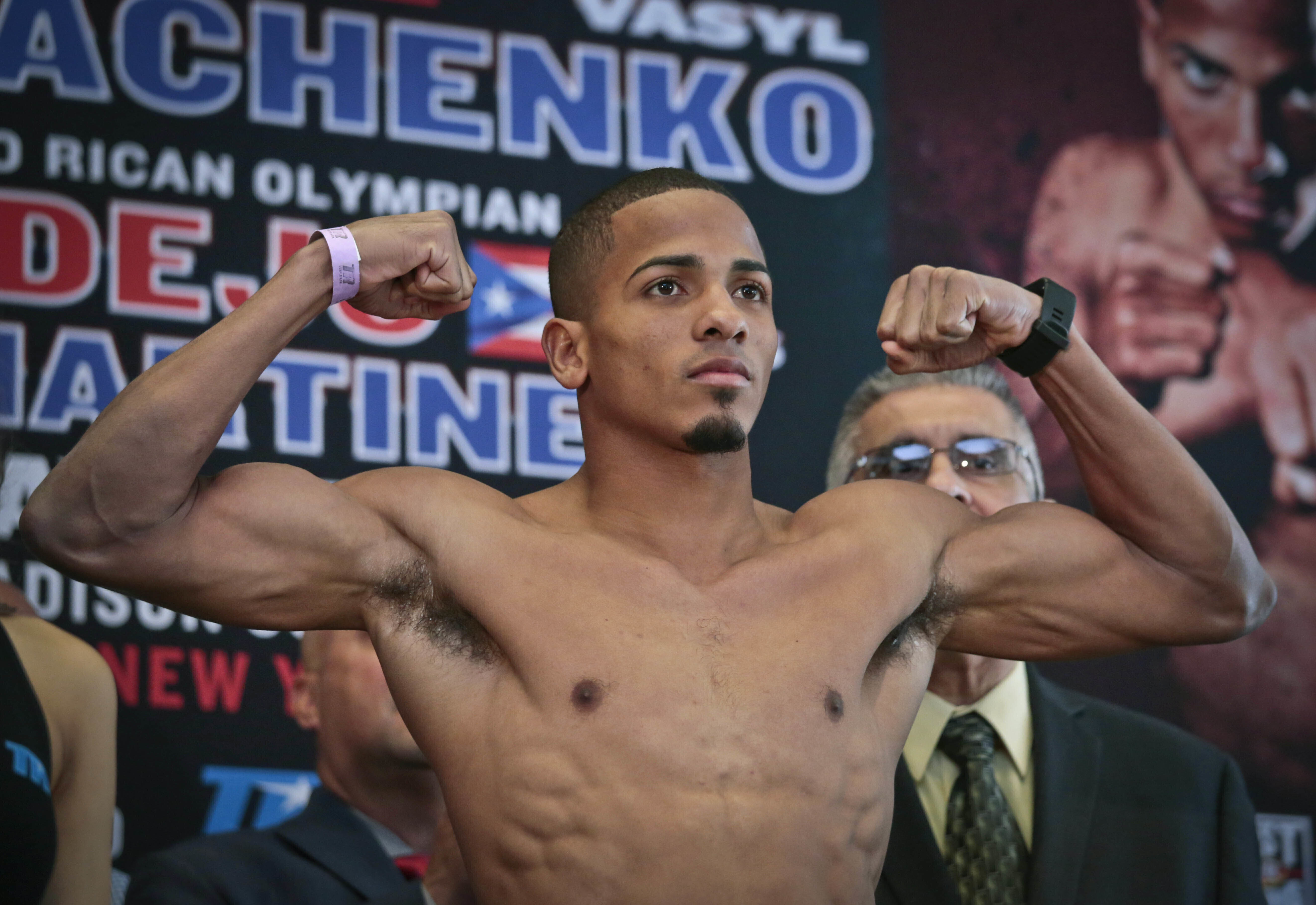 FILE - Puerto Rican boxer Felix Verdejo poses after his weigh-in at Madison Square Garden in New York, June 10, 2016. Verdejo received two life sentences on Nov. 3, 2023 after he was found guilty in the killing of his 27-year-old pregnant lover. 