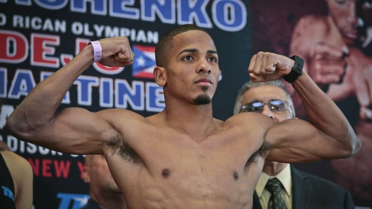 FILE - Puerto Rican boxer Felix Verdejo poses after his weigh-in at Madison Square Garden in New York, June 10, 2016. Verdejo received two life sentences on Nov. 3, 2023 after he was found guilty in the killing of his 27-year-old pregnant lover.