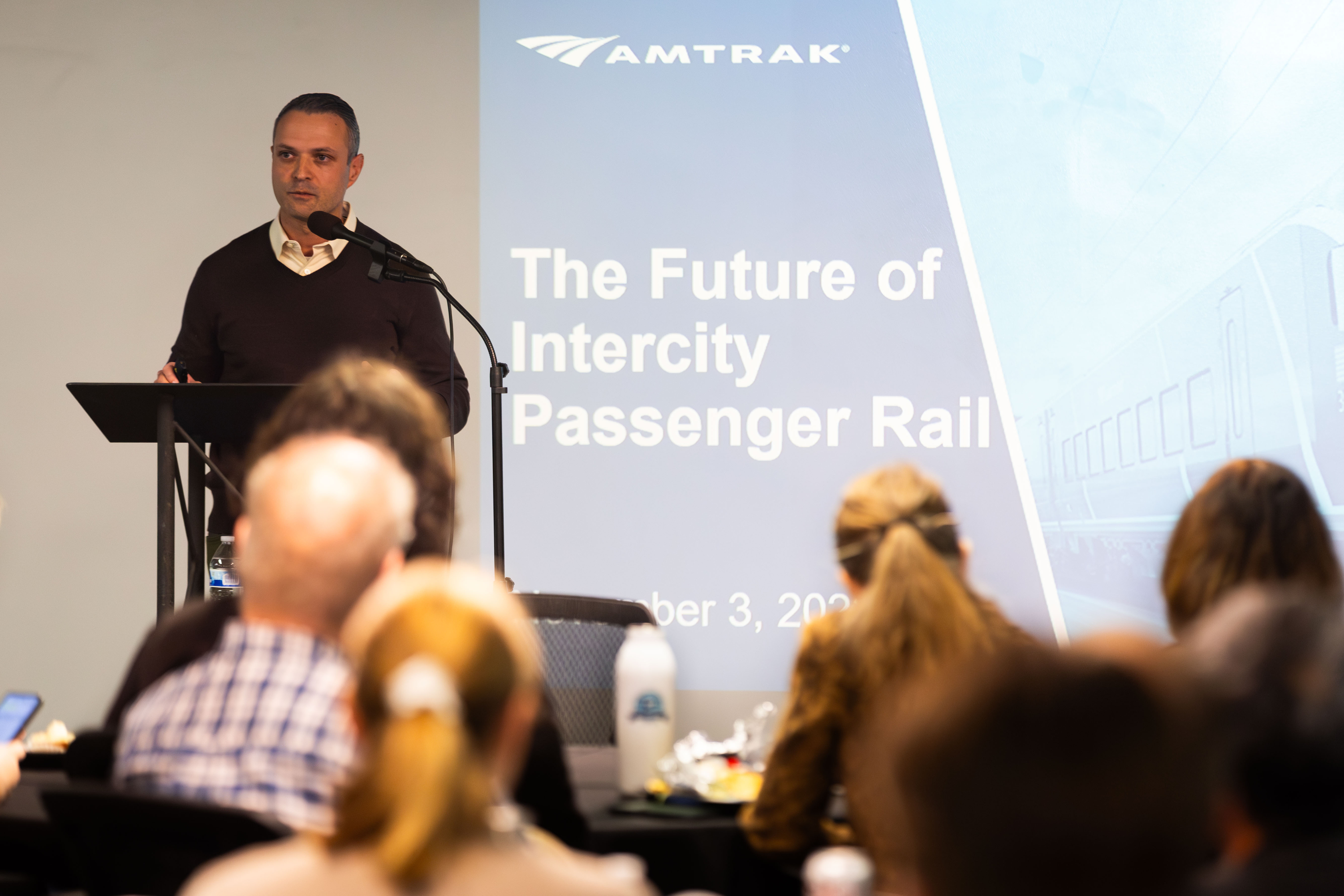 Alex Khalfin, director of government affairs for Amtrak, speaks at an Intercity Passenger Rail Conference at the Utah Transit Authority offices in Salt Lake City on Friday.