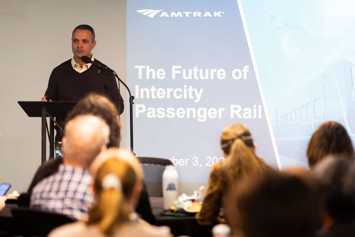 Alex Khalfin, director of government affairs for Amtrak, speaks at an Intercity Passenger Rail Conference at the Utah Transit Authority offices in Salt Lake City on Friday.