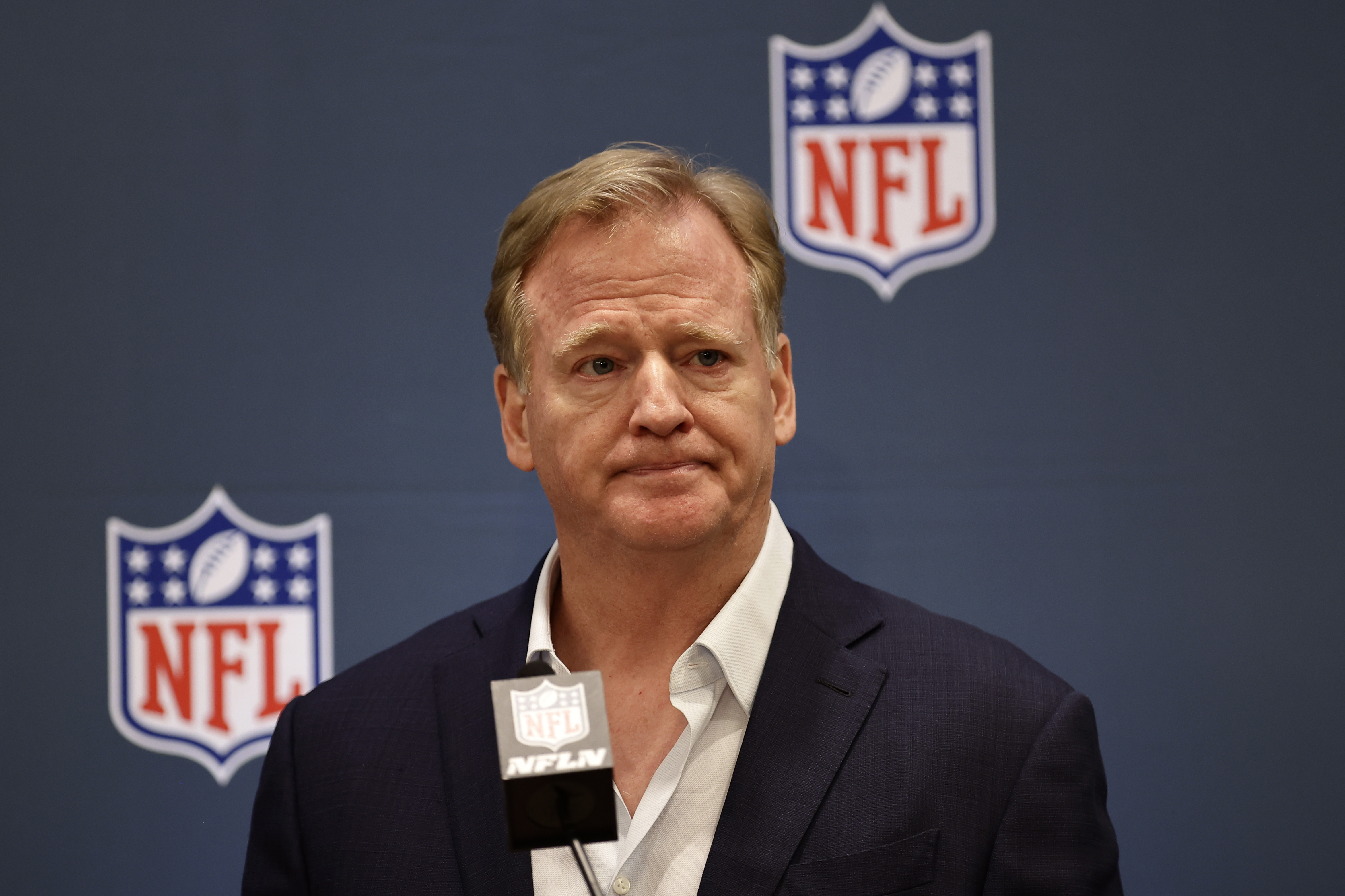 NFL football commissioner Roger Goodell speaks to the media during league meetings Wednesday, Oct. 18, 2023, in New York. 