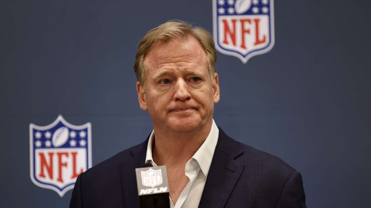 NFL football commissioner Roger Goodell speaks to the media during league meetings Wednesday, Oct. 18, 2023, in New York.