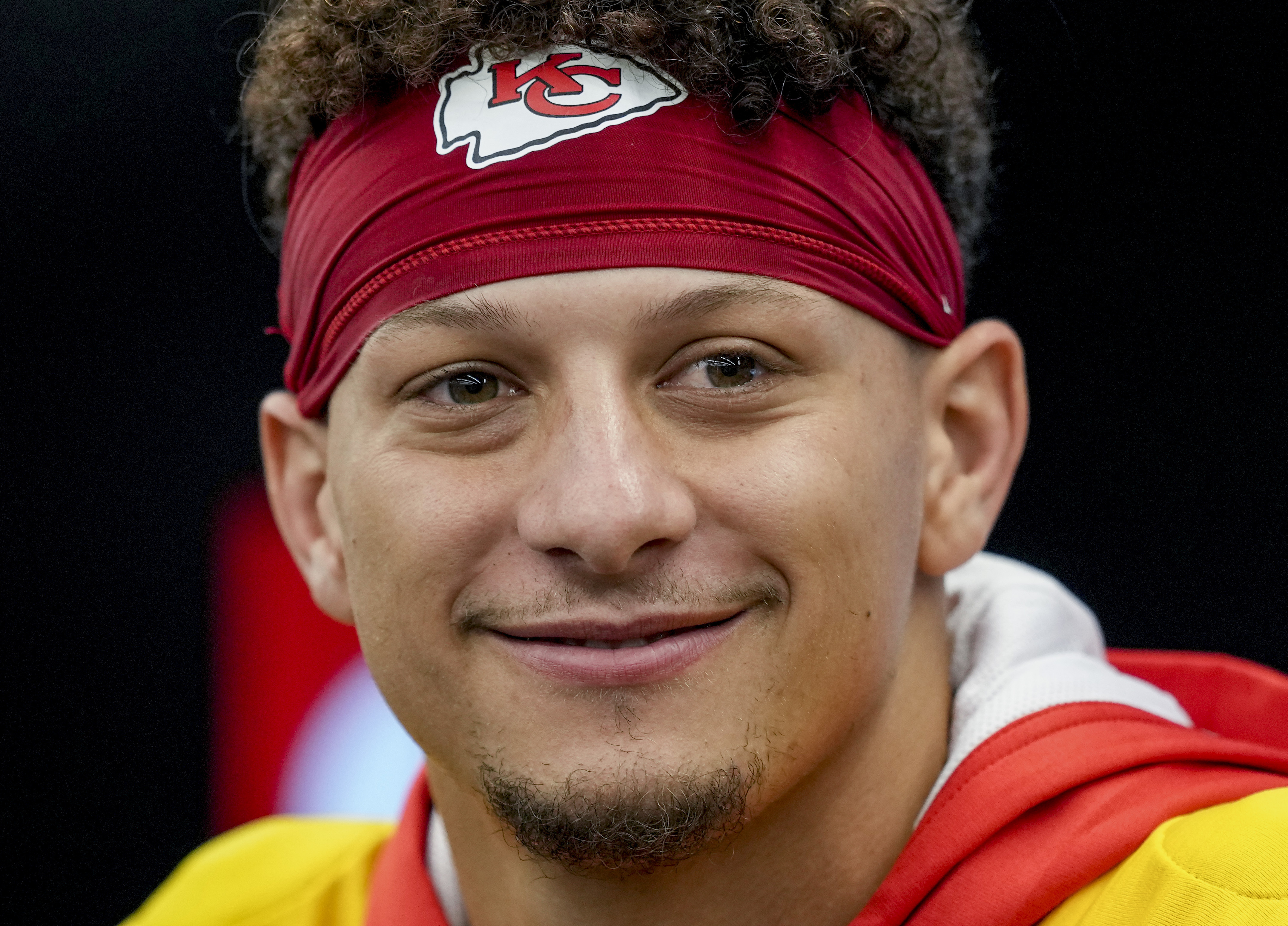 Kansas City Chiefs quarterback Patrick Mahomes attends a press conference in Frankfurt, Germany, Friday, Nov. 3, 2023. The Kansas City Chiefs are set to play the Miami Dolphins in a NFL game in Frankfurt on Sunday Nov. 5, 2023.