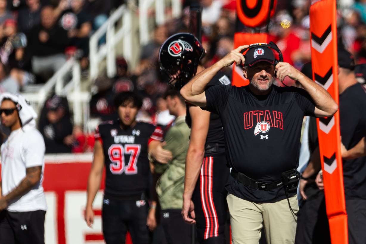Utah Utes head coach Kyle Whittingham watches from the sidelines during the game against the Arizona State Sun Devils at Rice-Eccles Stadium in Salt Lake City on Saturday, Nov. 4, 2023.
